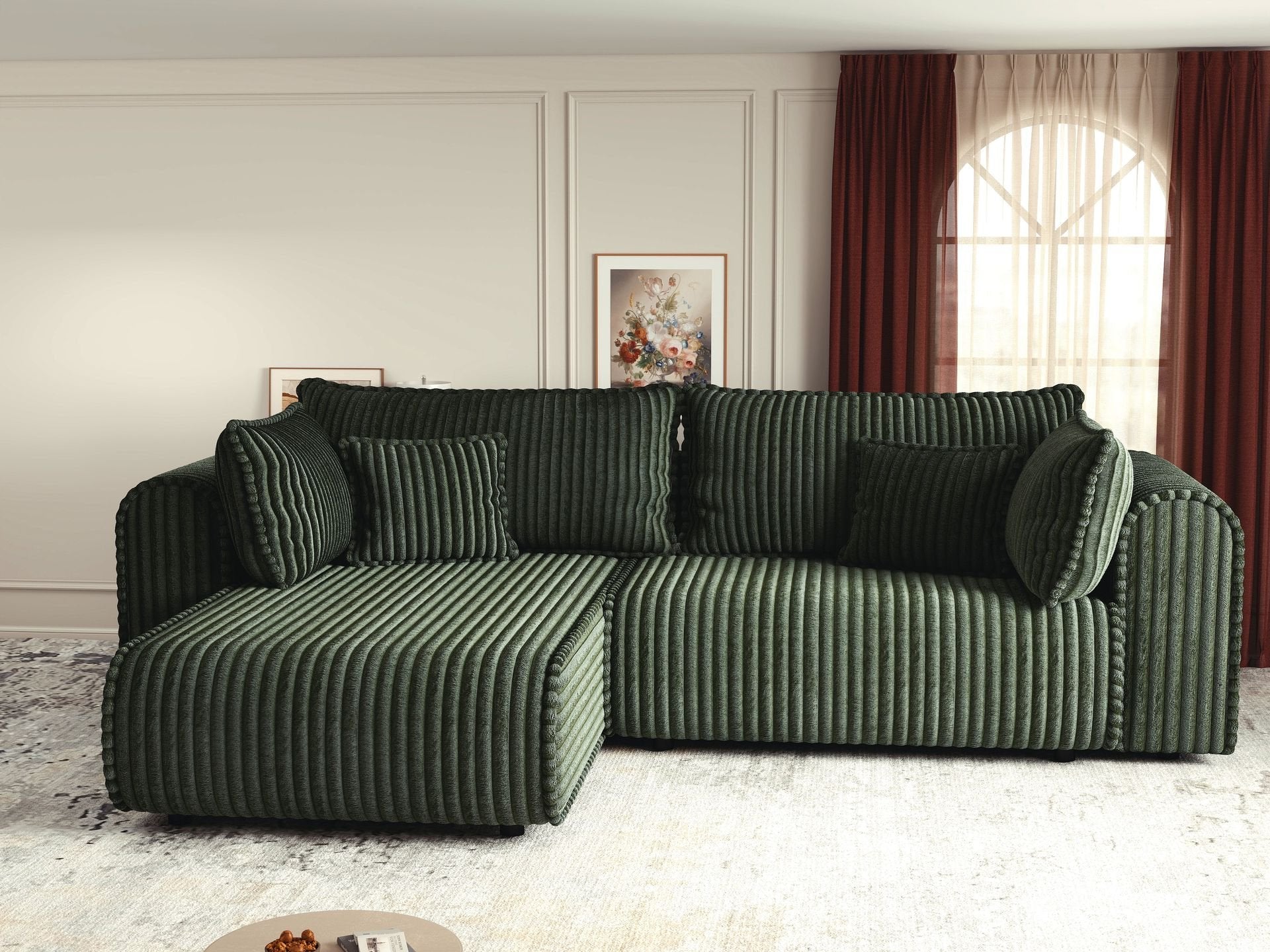 Colțar extensibil dumonde cu ladă de depozitare si sezut confortabil din spuma high-density, Monaco L Tilia Verde 270x100 cm
