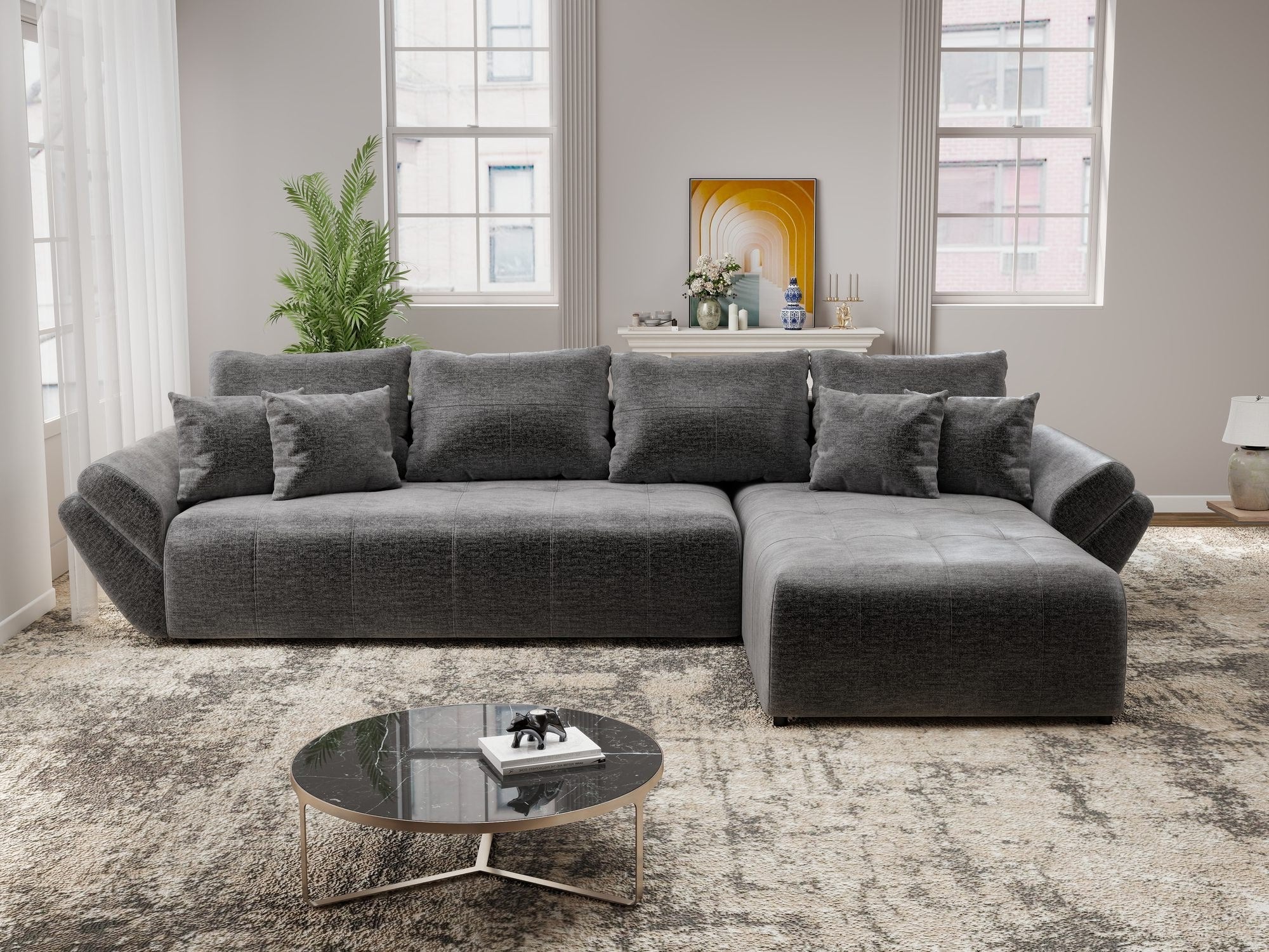 Colțar extensibil dumonde cu ladă de depozitare si sezut confortabil din spuma high-density, Berlin XL Monolith Gri Antracit 97 II 350x185 cm