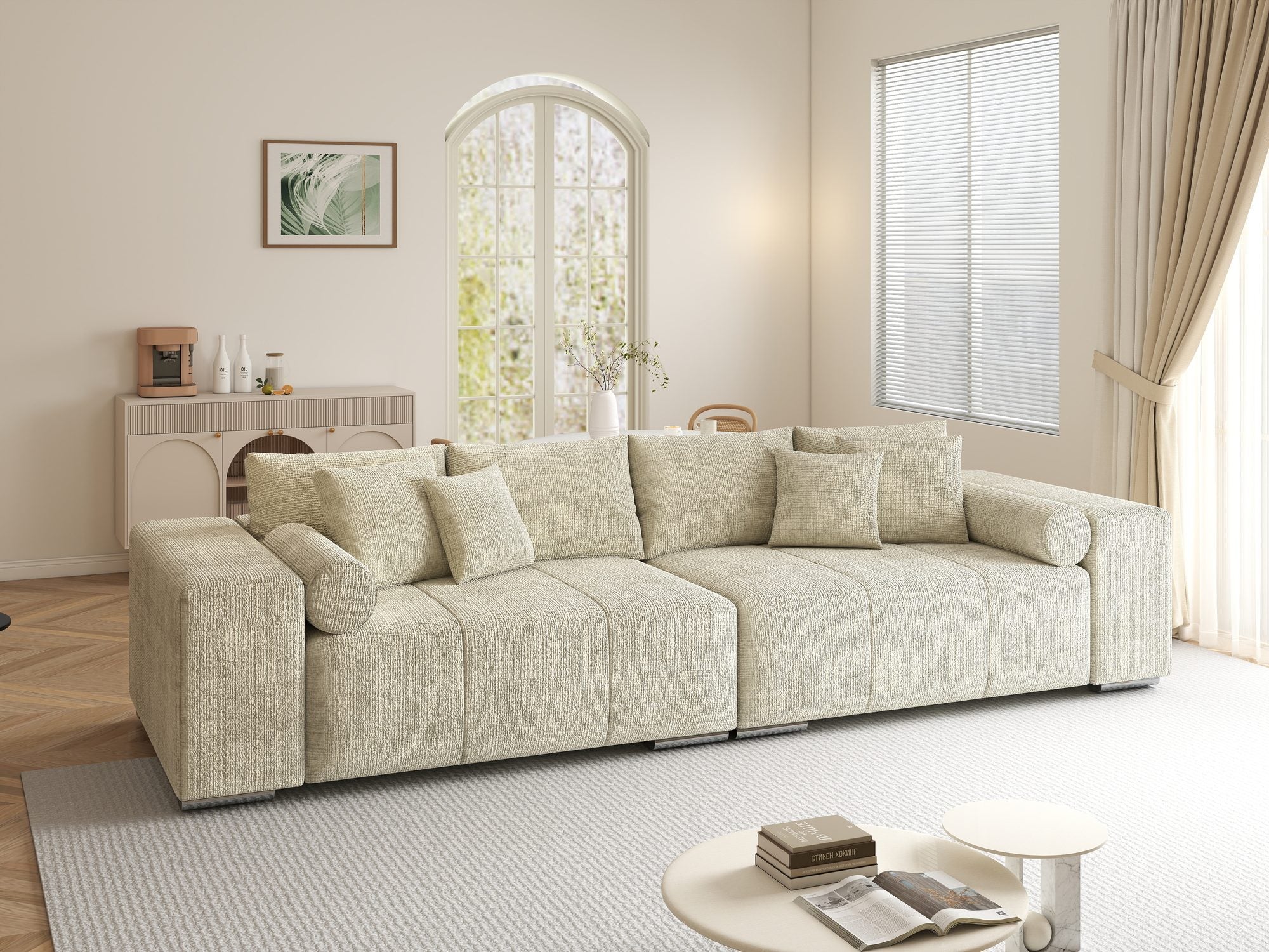Canapea extensibilă dumonde cu ladă de depozitare si sezut confortabil din spuma high-density, Marbela XXL Cremona Gri Deschis 02 290x100 cm
