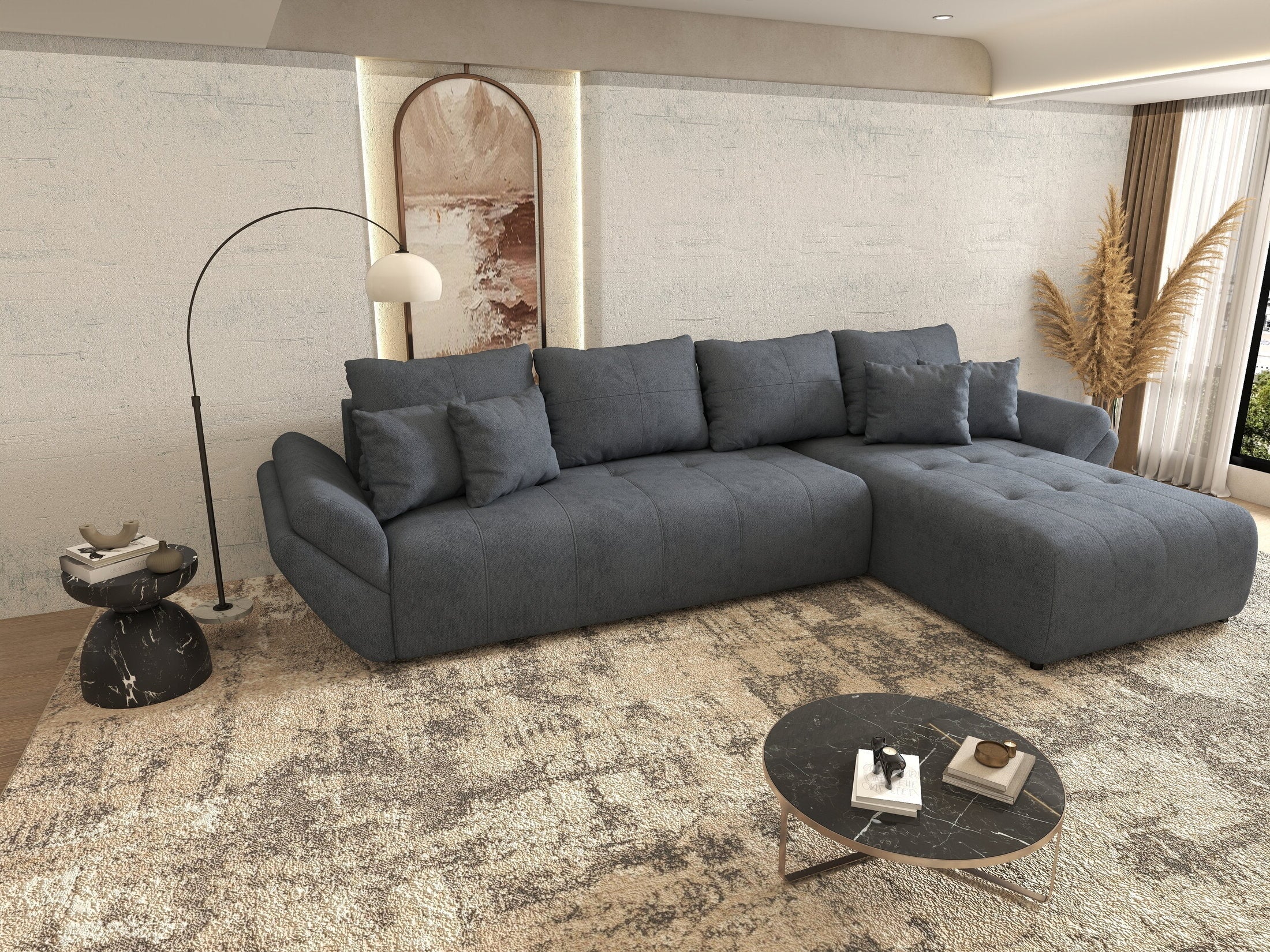 Colțar extensibil dumonde cu ladă de depozitare si sezut confortabil din spuma high-density,Berlin XL Enjoy Antracit 350x185 cm II
