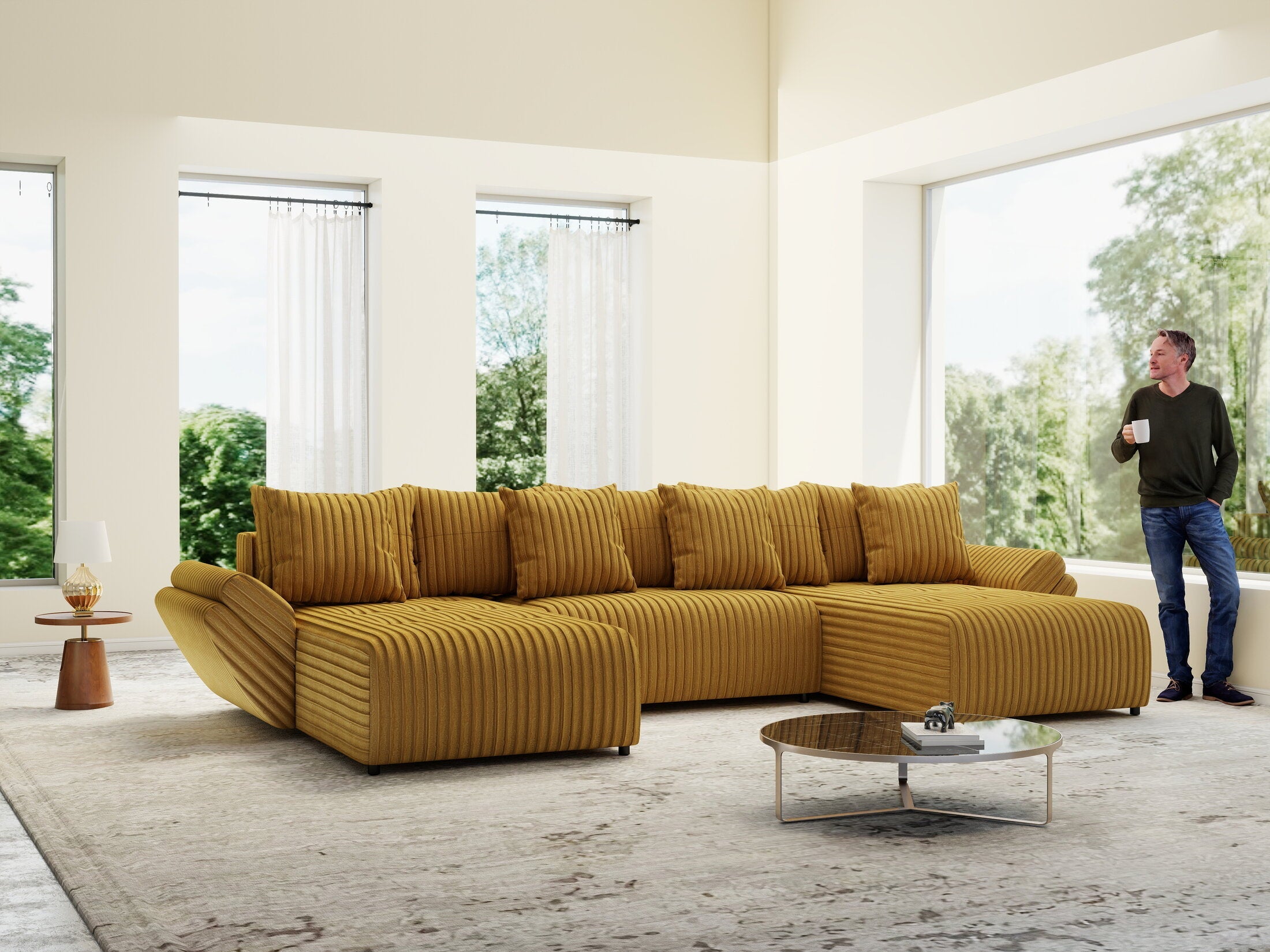 Colțar extensibil dumonde cu ladă de depozitare si sezut confortabil din spuma high-density, Berlin U Ambiance Mustar 400x185 cm