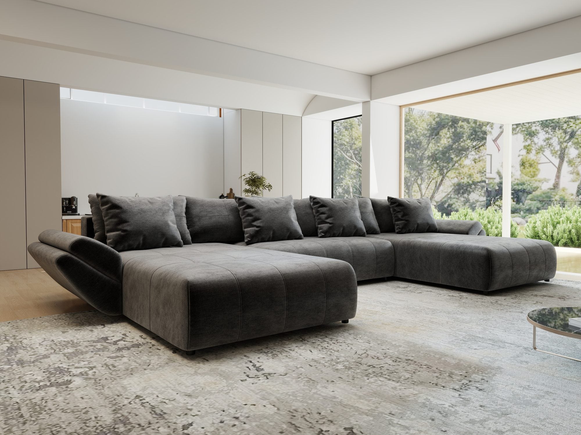 Colțar extensibil dumonde cu ladă de depozitare si sezut confortabil din spuma high-density, Berlin U Monolith Gri Antracit 97 380x180 cm