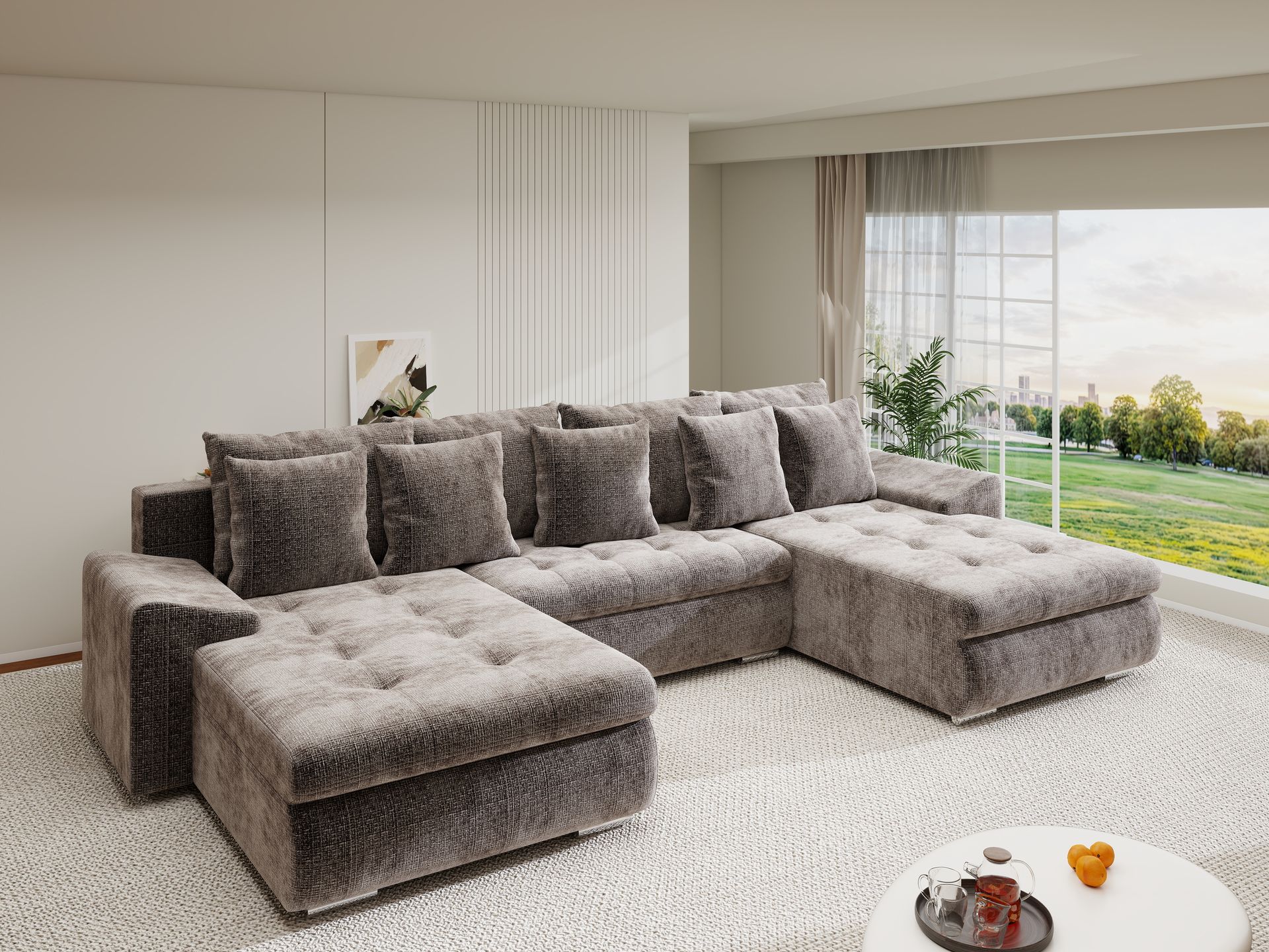 Colțar extensibil dumonde cu ladă de depozitare si sezut confortabil din spuma high-density, Leonardo U Cremona Maro-Bej 24 360x185 cm