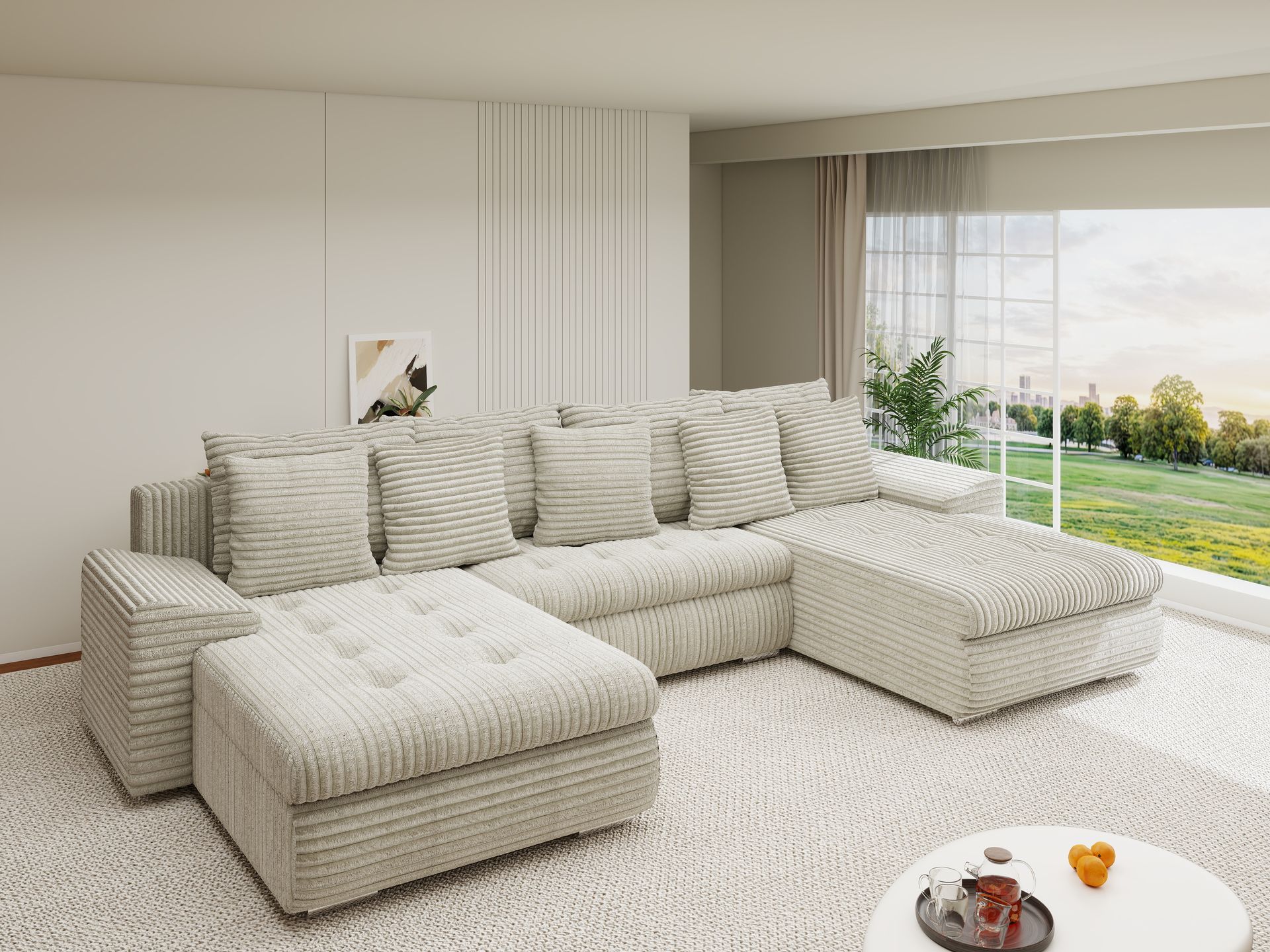 Colțar extensibil dumonde cu ladă de depozitare si sezut confortabil din spuma high-density, Leonardo U Tilia Bej 08 360x185 cm