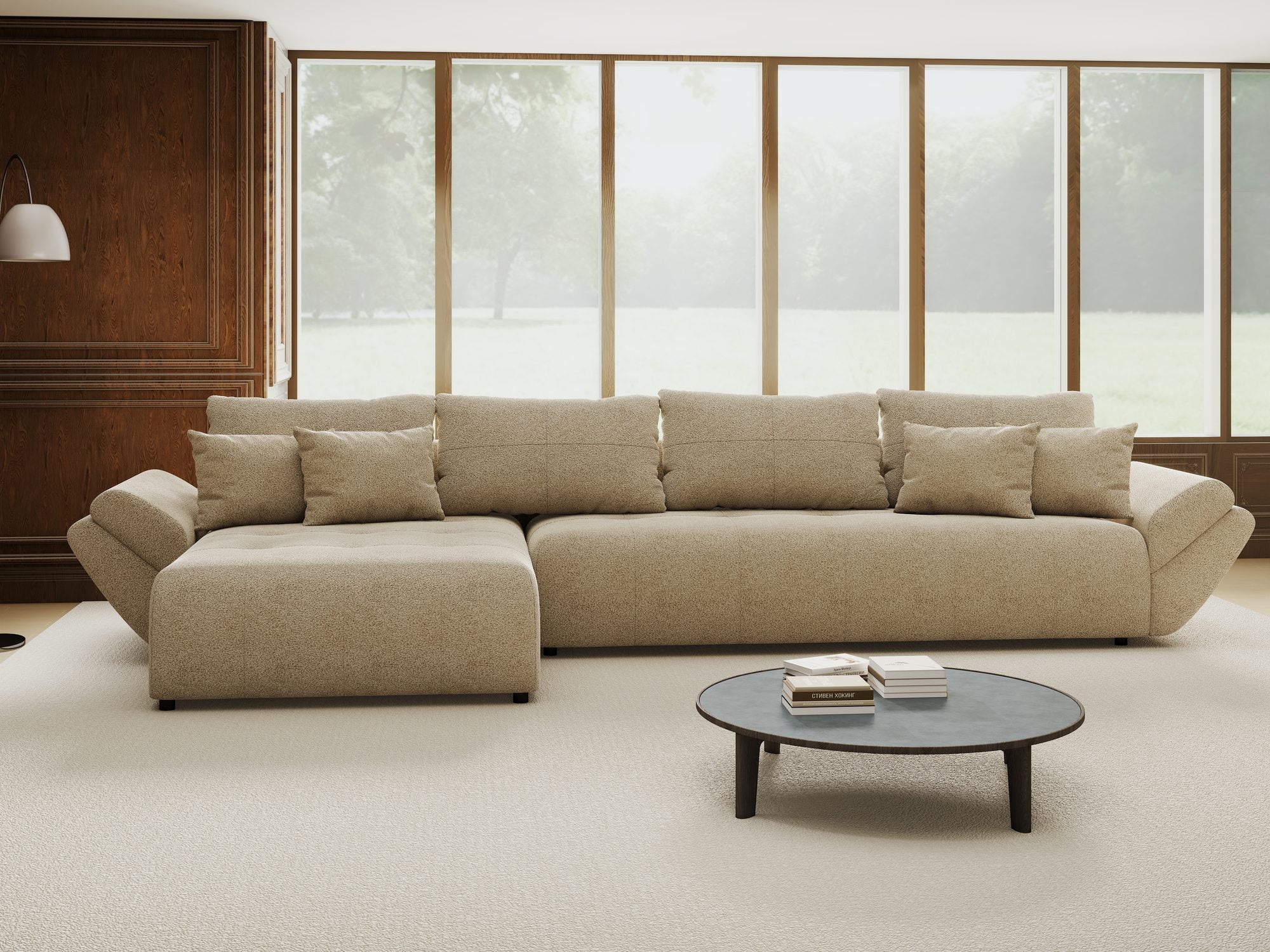 Colțar extensibil dumonde cu ladă de depozitare si sezut confortabil din spuma high-density, Berlin XL Quelle Bej 05 350x185 cm