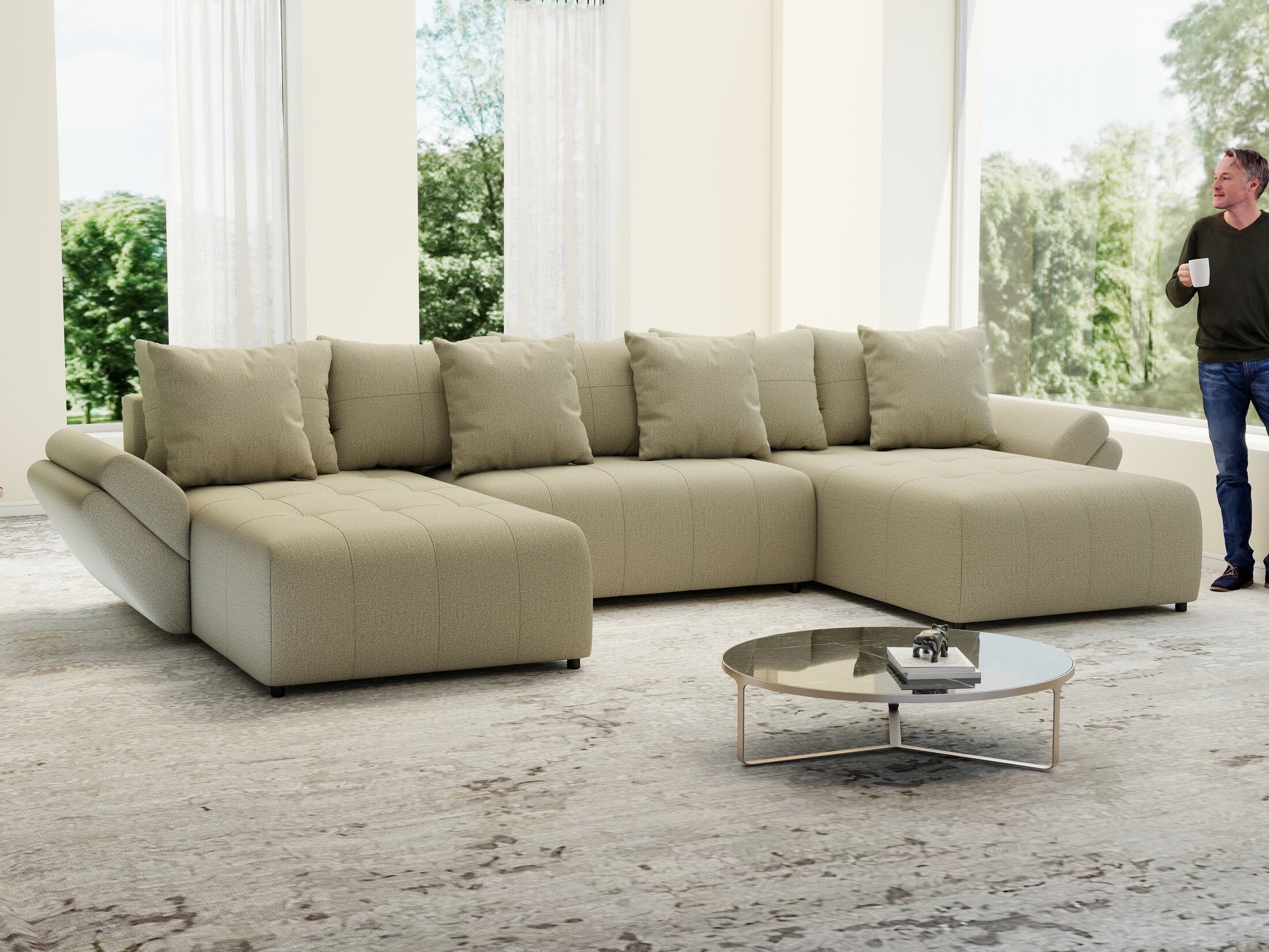 Colțar extensibil dumonde cu ladă de depozitare si sezut confortabil din spuma high-density, Berlin U Enjoy Camel 400x185 cm