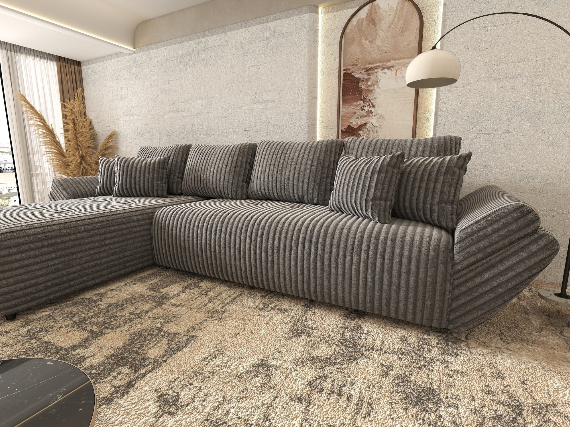 Colțar extensibil dumonde cu ladă de depozitare si sezut confortabil din spuma high-density, Berlin XL Tilia Gri 90 350x185 cm