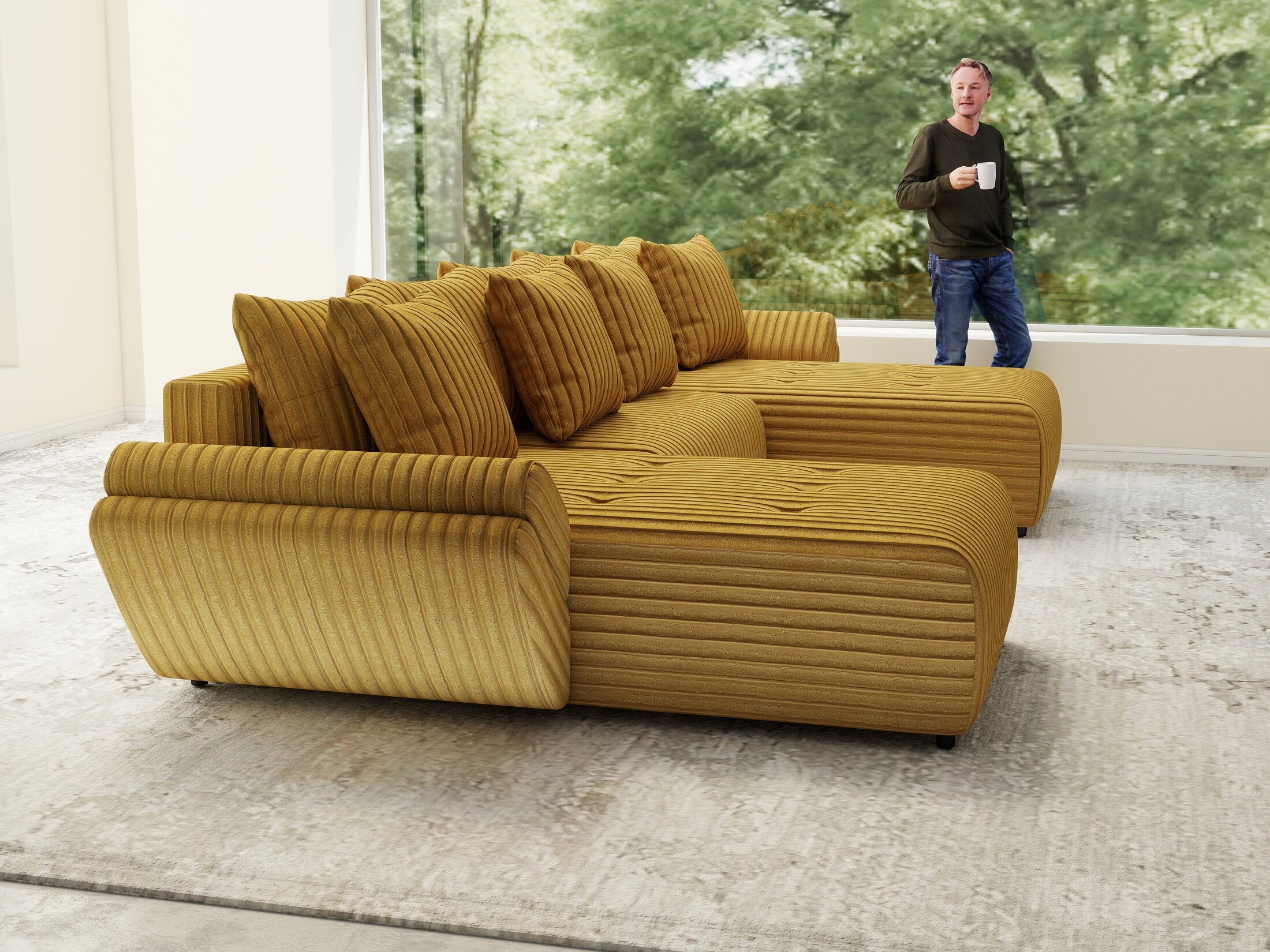 Colțar extensibil dumonde cu ladă de depozitare si sezut confortabil din spuma high-density, Berlin U Ambiance Mustar 400x185 cm