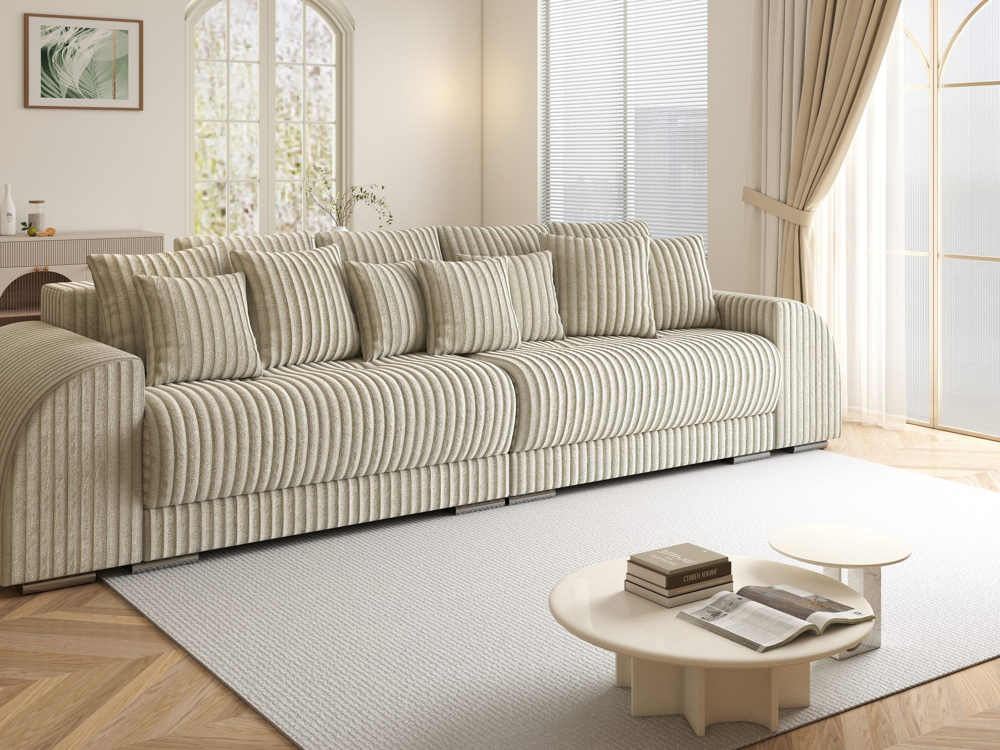 Canapea extensibilă dumonde cu 2 lăzi de depozitare si sezut confortabil din spuma high-density, Verona Tilia Bej 08 310x100 cm