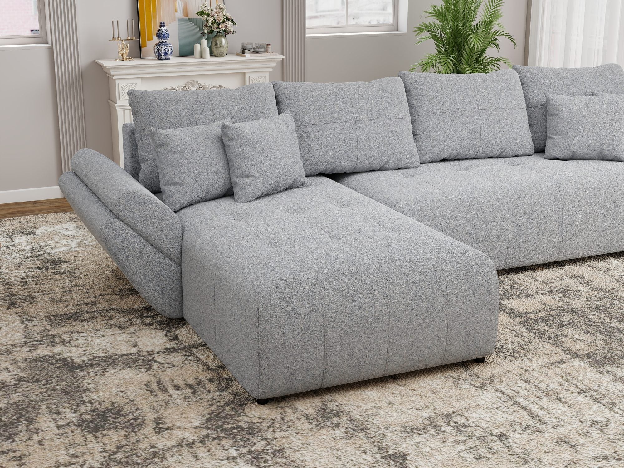 Colțar extensibil dumonde cu ladă de depozitare si sezut confortabil din spuma high-density, Berlin XL Monte Gri 84 350x185 cm