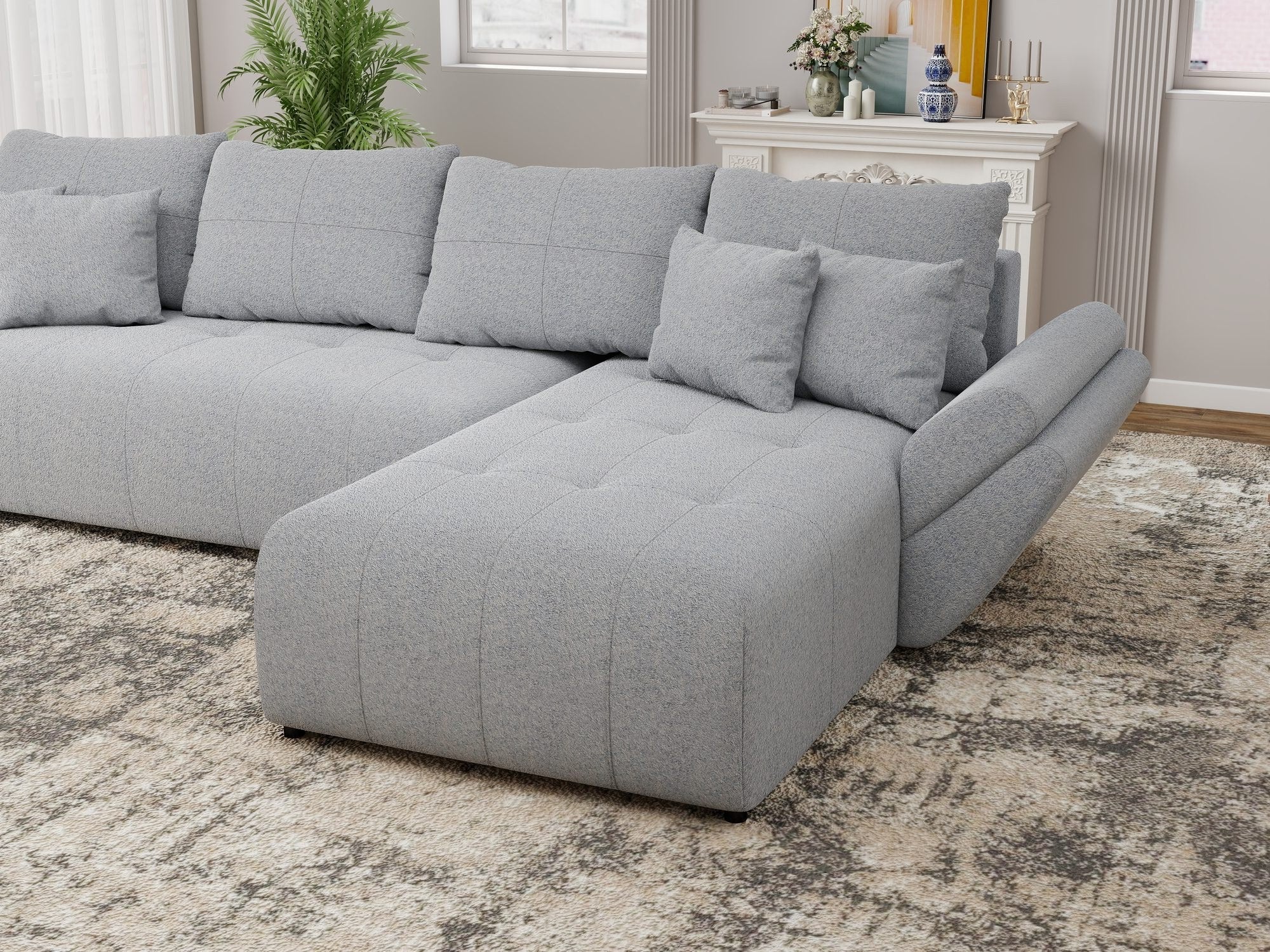 Colțar extensibil dumonde cu ladă de depozitare si sezut confortabil din spuma high-density, Berlin XL Monte Gri 84 II 350x185 cm