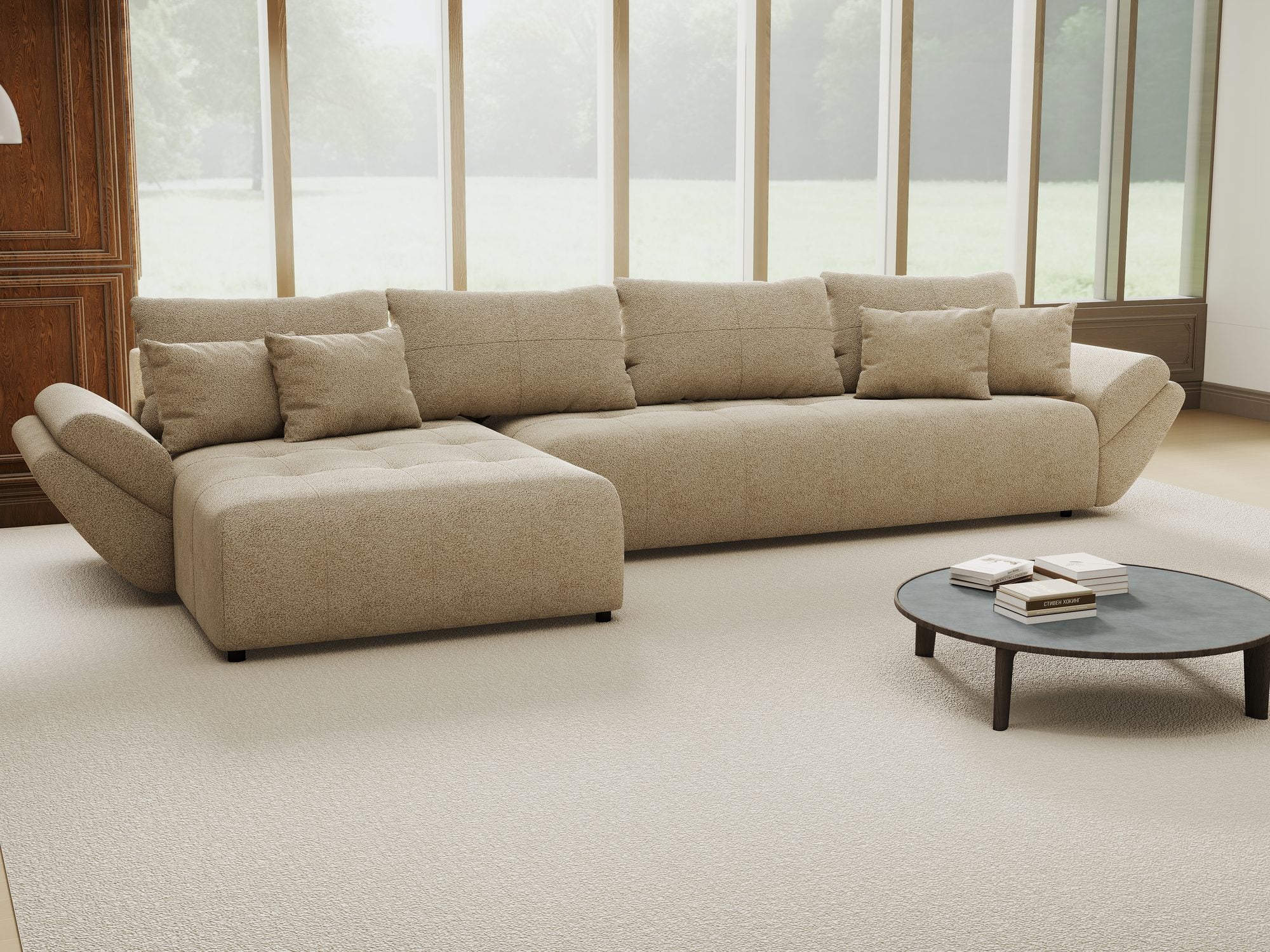 Colțar extensibil dumonde cu ladă de depozitare si sezut confortabil din spuma high-density, Berlin XL Quelle Bej 05 350x185 cm