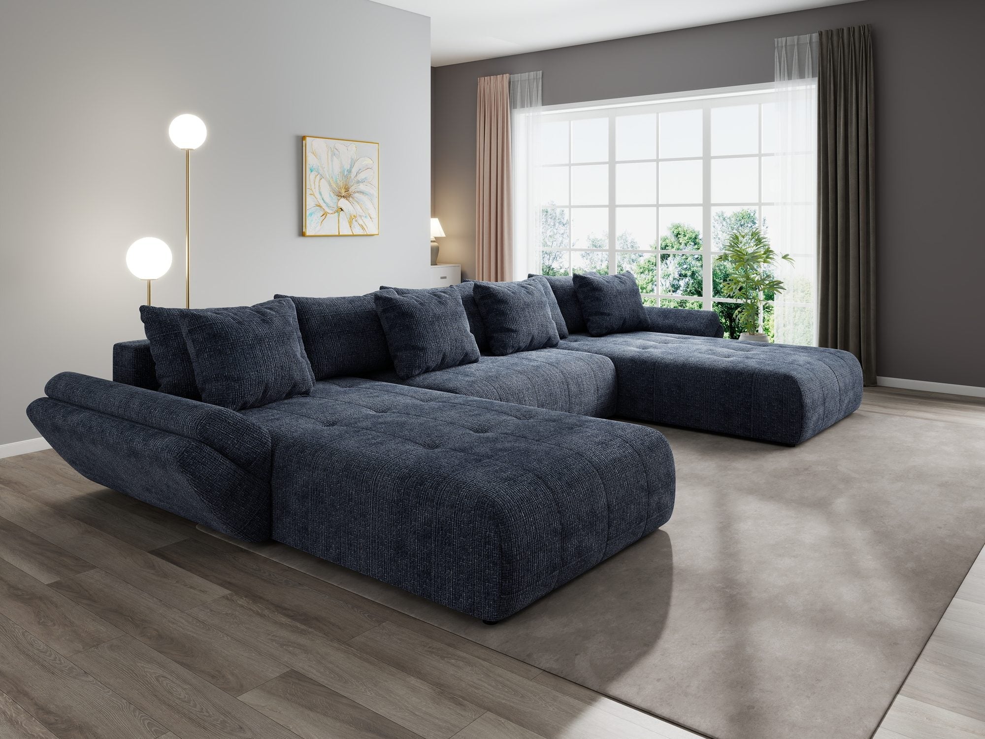 Colțar extensibil dumonde cu ladă de depozitare si sezut confortabil din spuma high-density, Berlin U Cremona Albastru 79 380x180 cm
