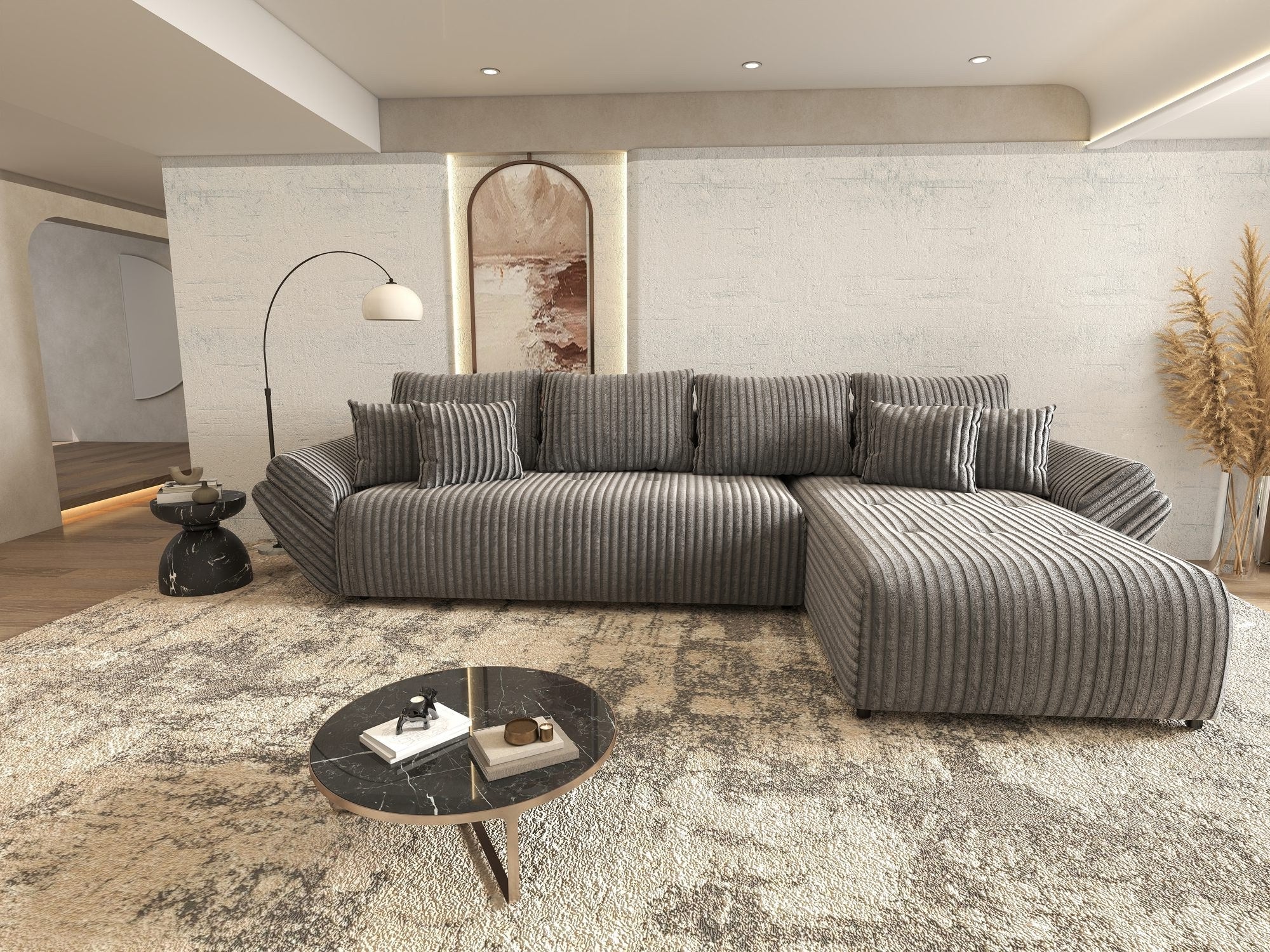 Colțar extensibil dumonde cu ladă de depozitare si sezut confortabil din spuma high-density, Berlin XL Tilia Gri 90 II 350x185 cm