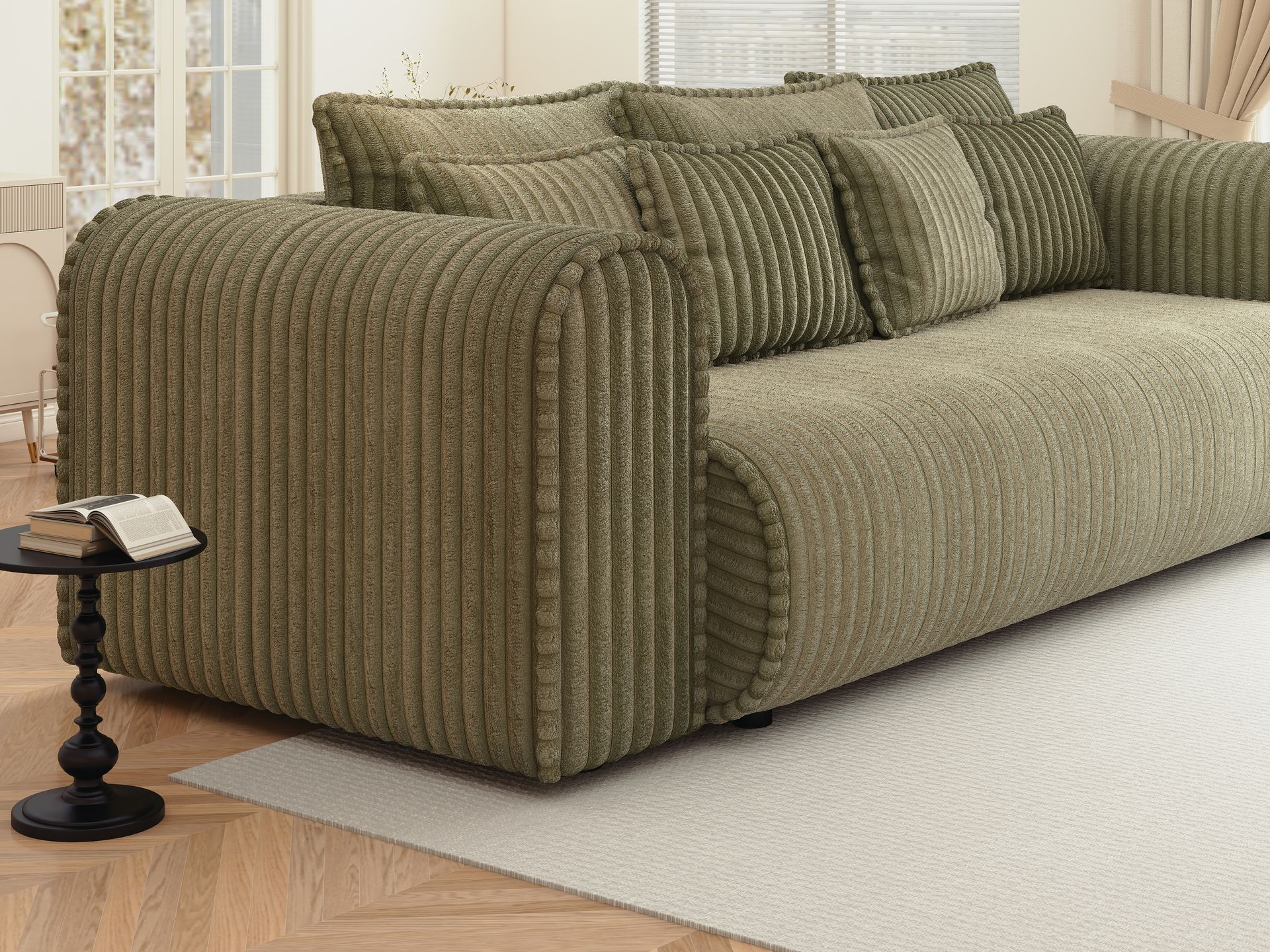 Canapea extensibilă dumonde cu ladă de depozitare si sezut confortabil din spuma high-density, Monaco Mica Tilia Olive 240x100 cm
