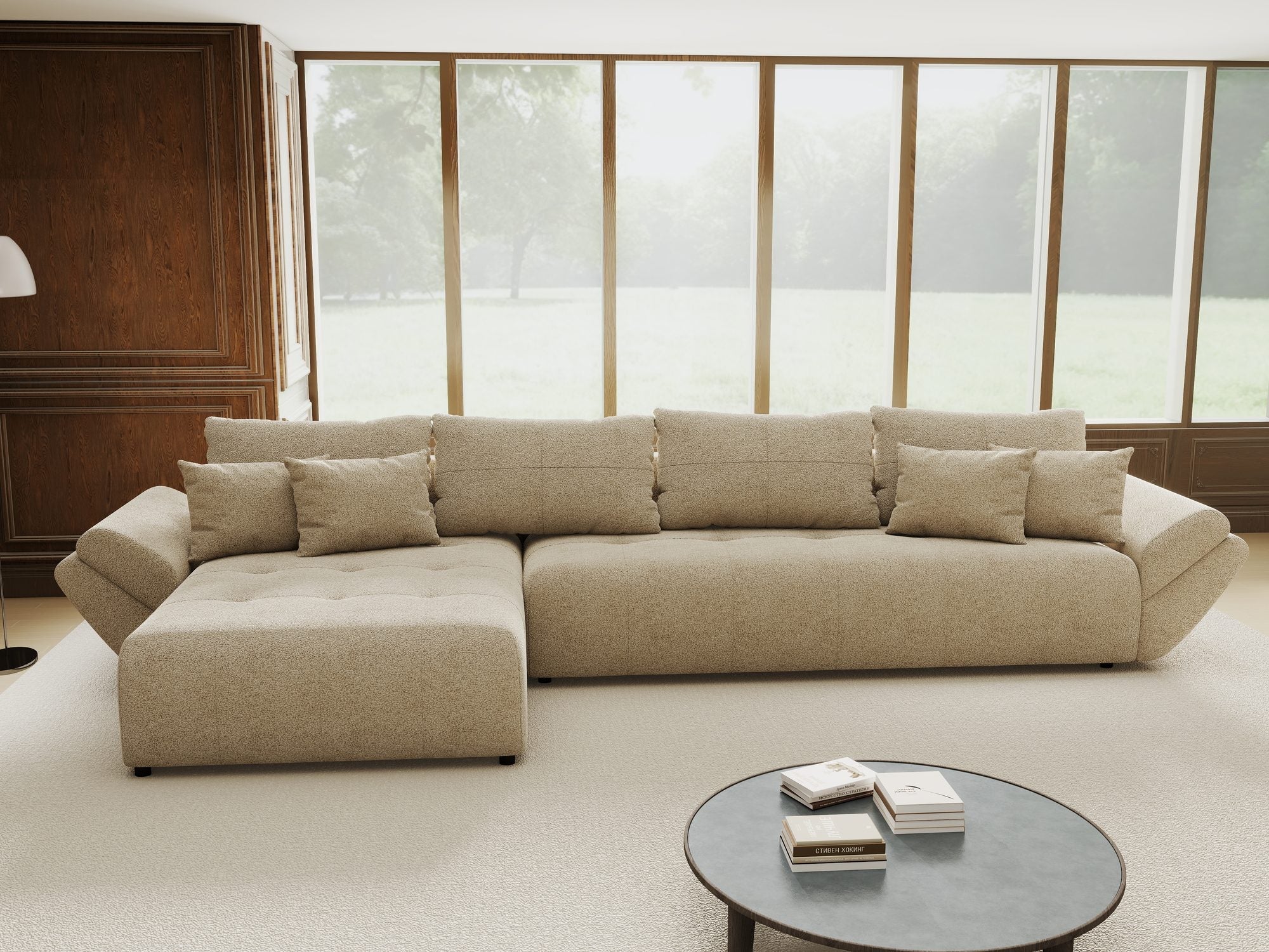 Colțar extensibil dumonde cu ladă de depozitare si sezut confortabil din spuma high-density, Berlin XL Quelle Bej 05 350x185 cm