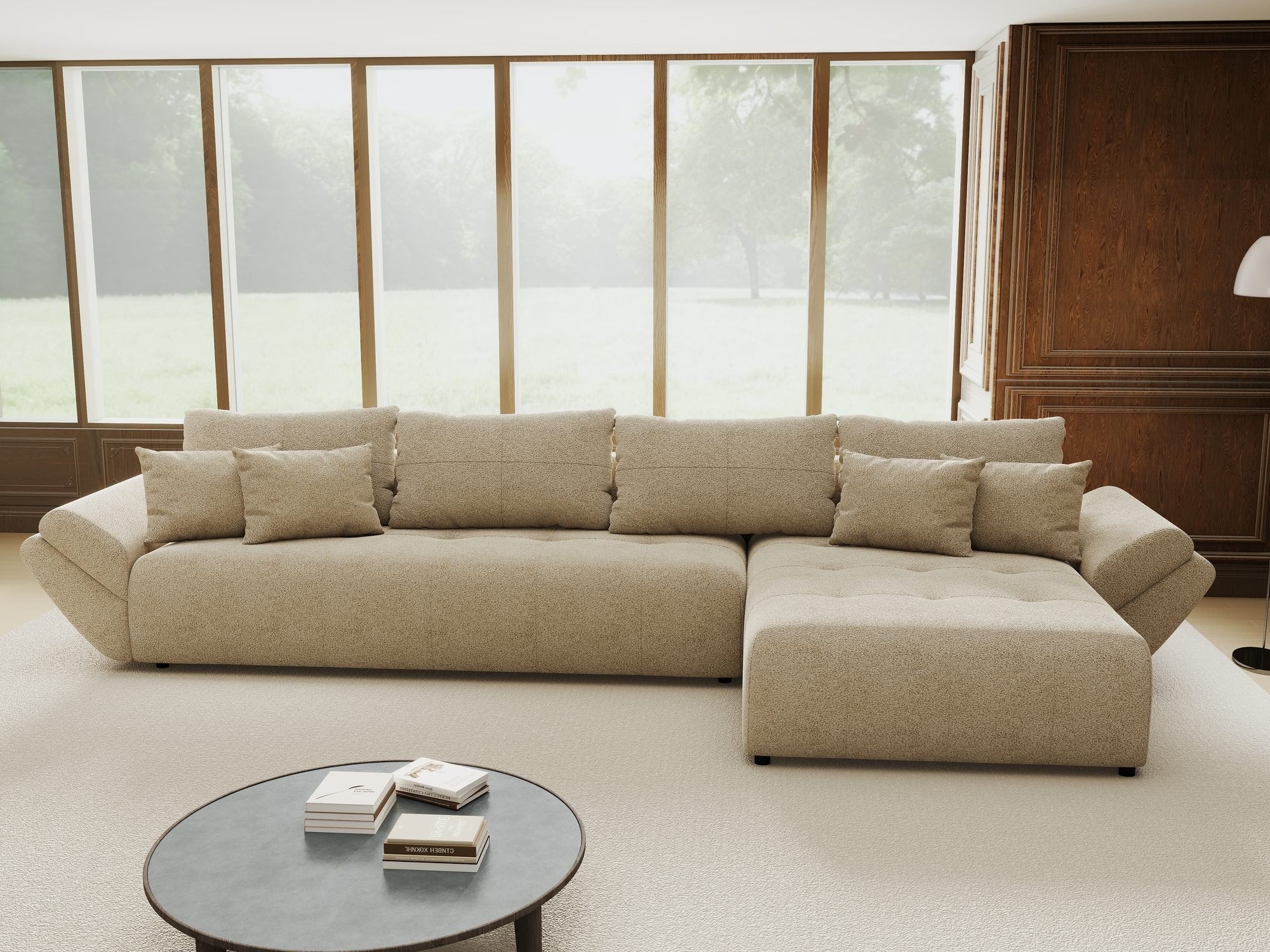 Colțar extensibil dumonde cu ladă de depozitare si sezut confortabil din spuma high-density, Berlin XL Quelle Bej 05 II 350x185 cm