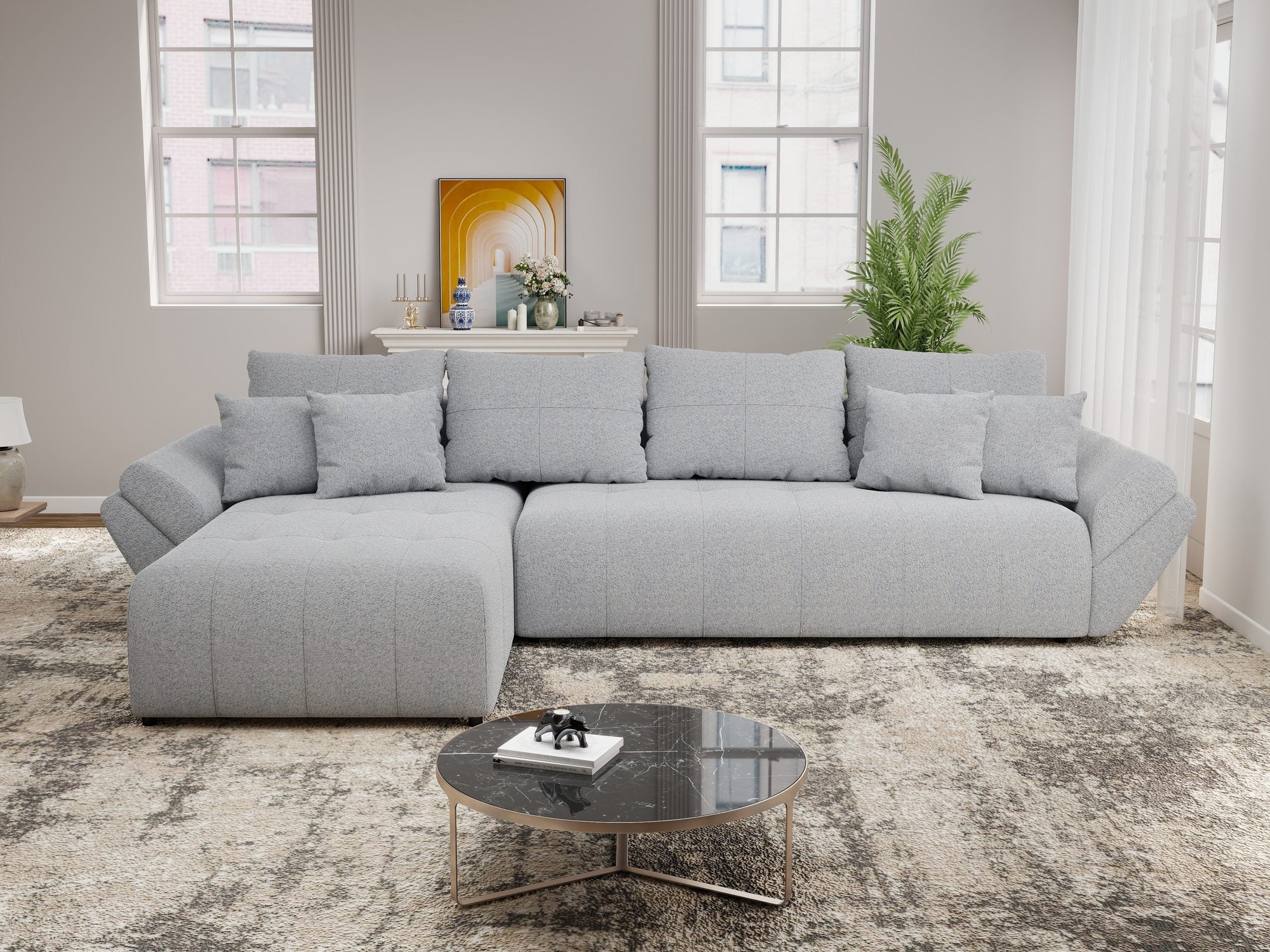 Colțar extensibil dumonde cu ladă de depozitare si sezut confortabil din spuma high-density, Berlin XL Monte Gri 84 350x185 cm