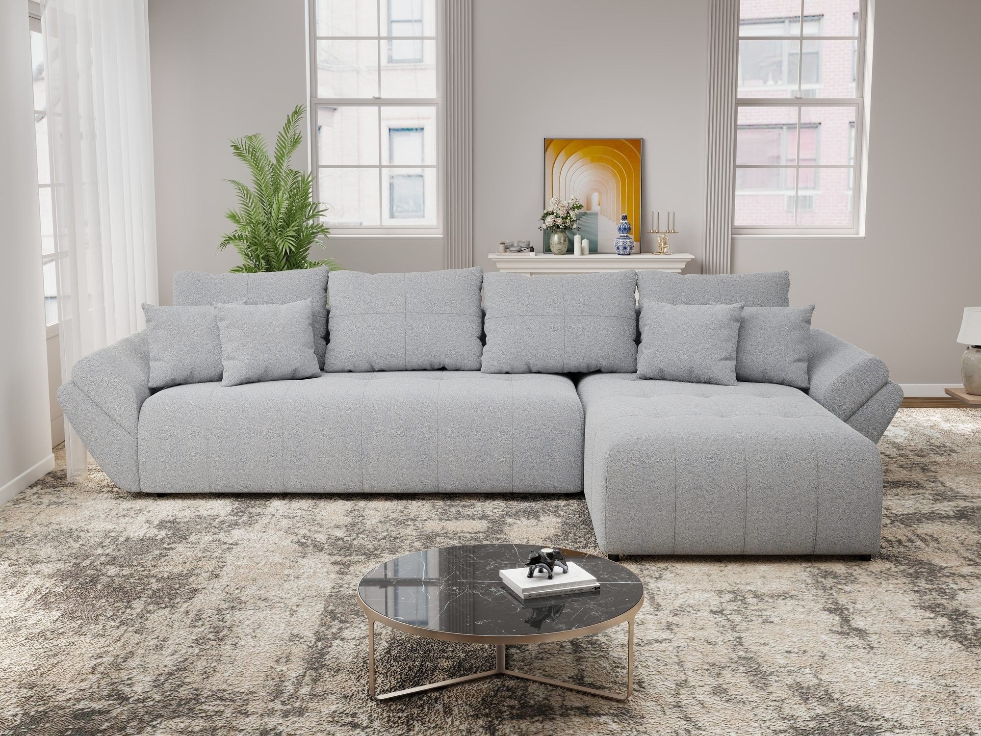 Colțar extensibil dumonde cu ladă de depozitare si sezut confortabil din spuma high-density, Berlin XL Monte Gri 84 II 350x185 cm