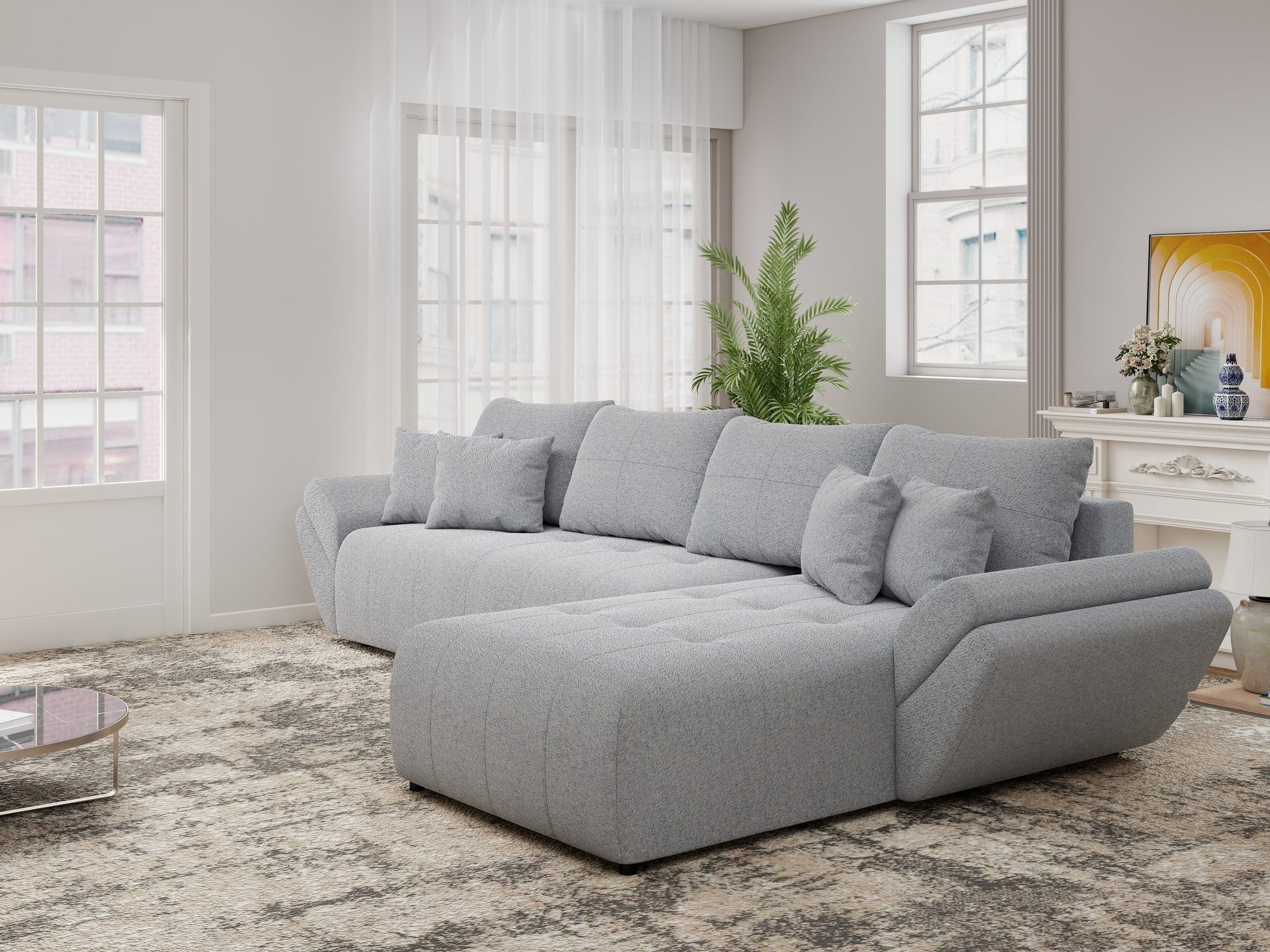 Colțar extensibil dumonde cu ladă de depozitare si sezut confortabil din spuma high-density, Berlin XL Monte Gri 84 II 350x185 cm