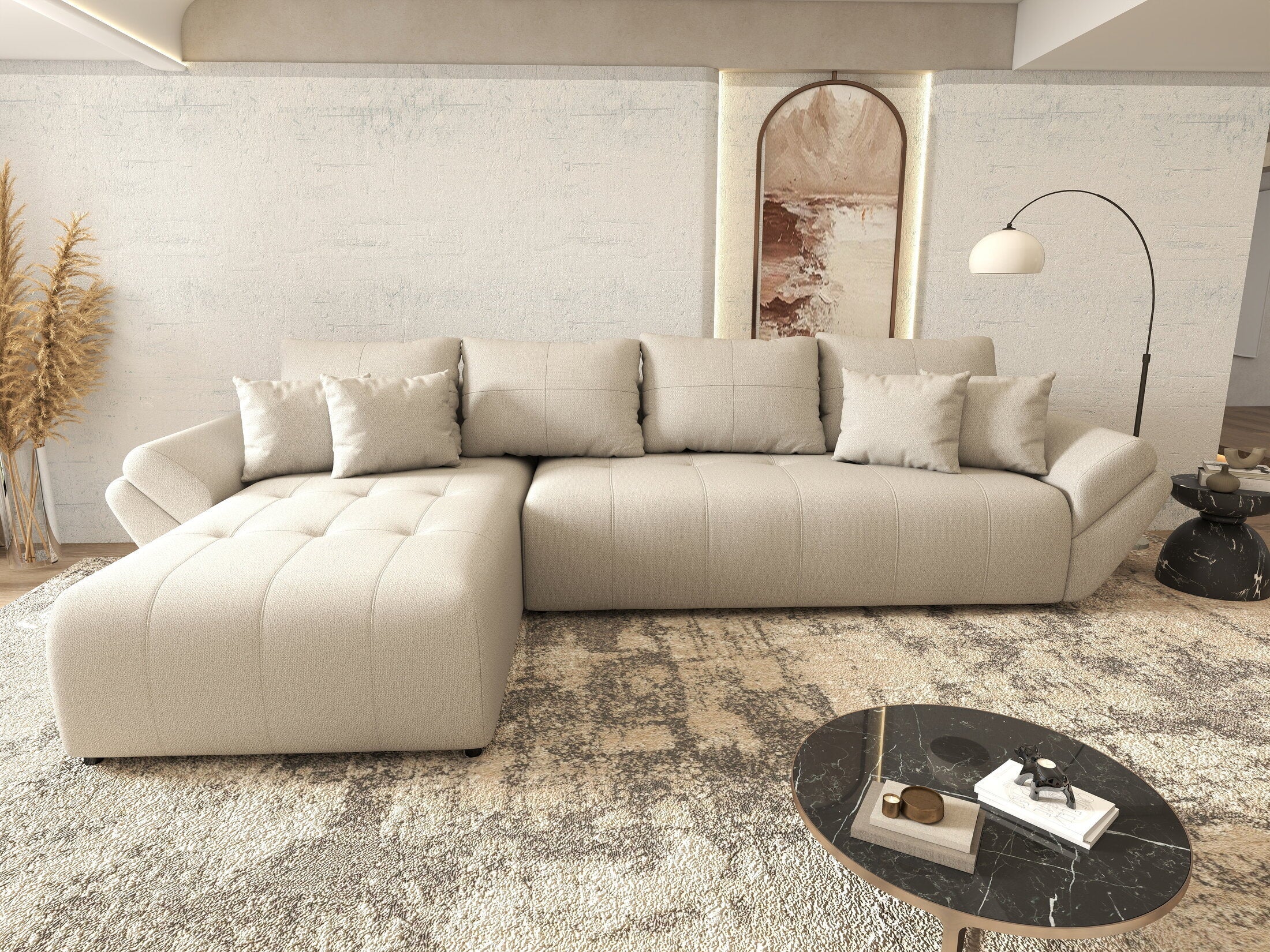 Colțar extensibil dumonde cu ladă de depozitare si sezut confortabil din spuma high-density, Berlin XL Enjoy Beige 350x185 cm
