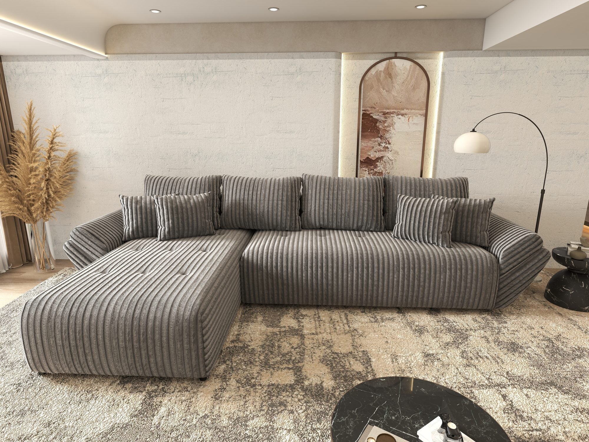 Colțar extensibil dumonde cu ladă de depozitare si sezut confortabil din spuma high-density, Berlin XL Tilia Gri 90 350x185 cm