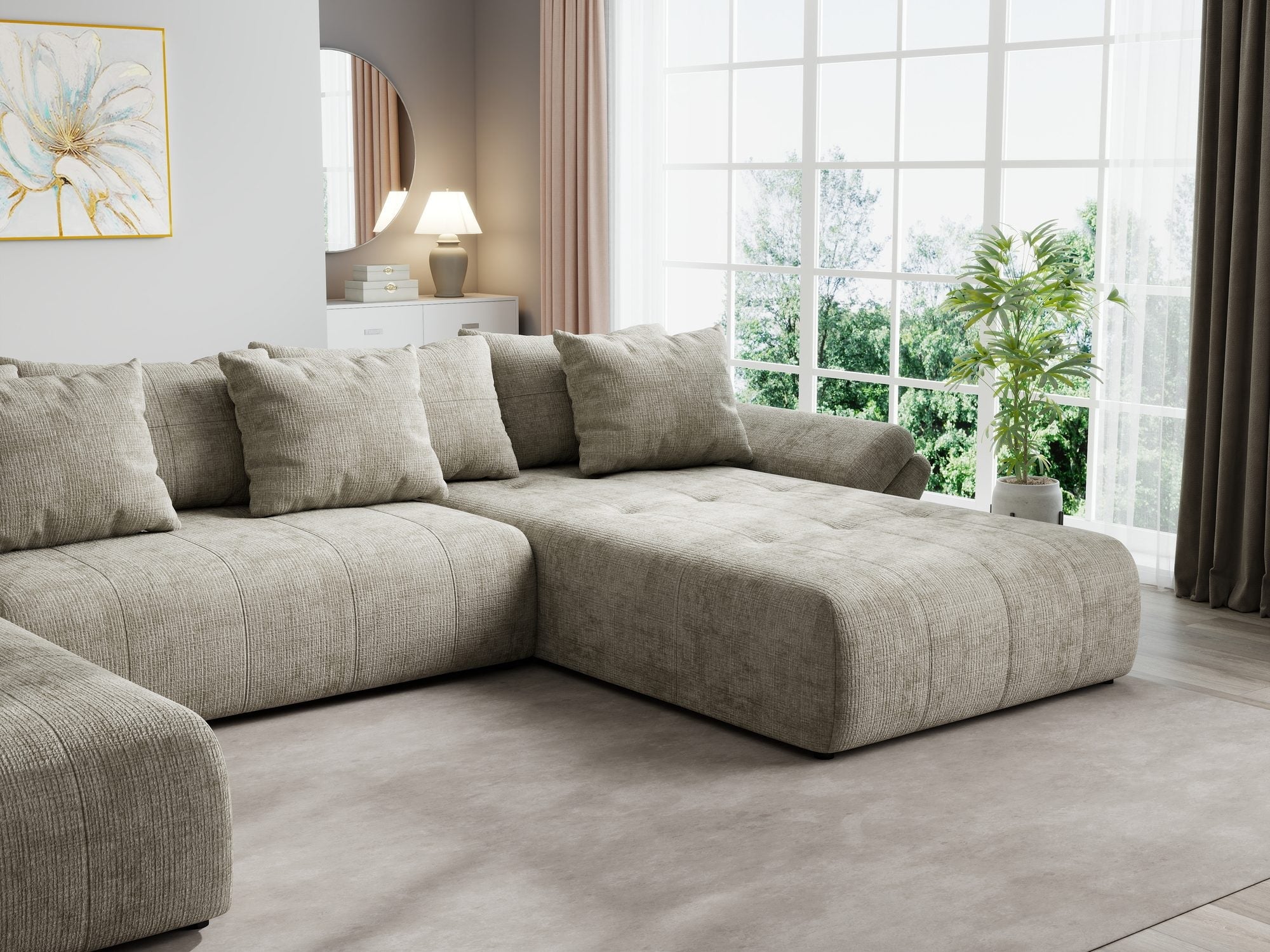 Colțar extensibil dumonde cu ladă de depozitare si sezut confortabil din spuma high-density, Berlin U Cremona Bej 14 380x180 cm