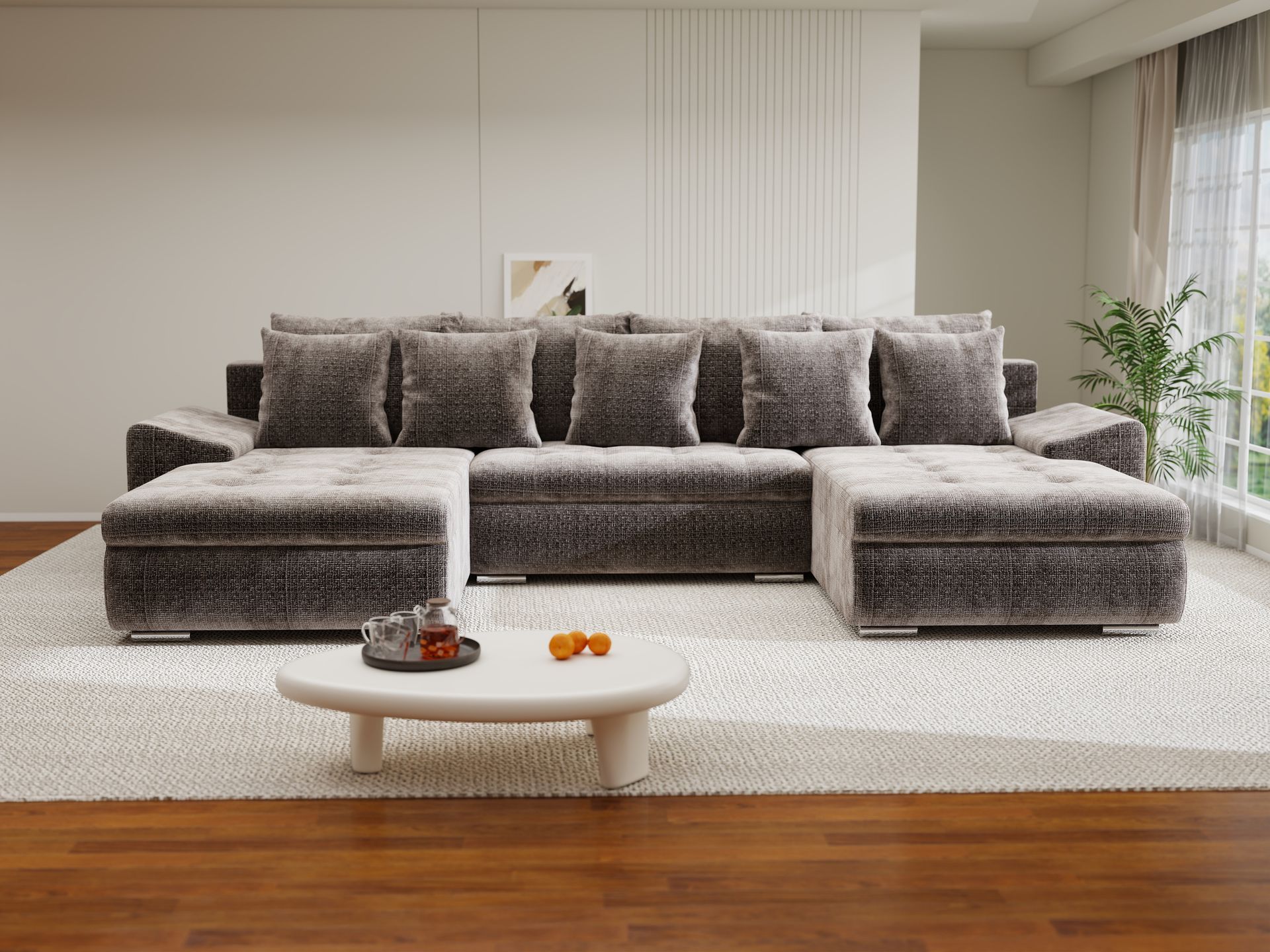 Colțar extensibil dumonde cu ladă de depozitare si sezut confortabil din spuma high-density, Leonardo U Cremona Maro-Bej 24 360x185 cm