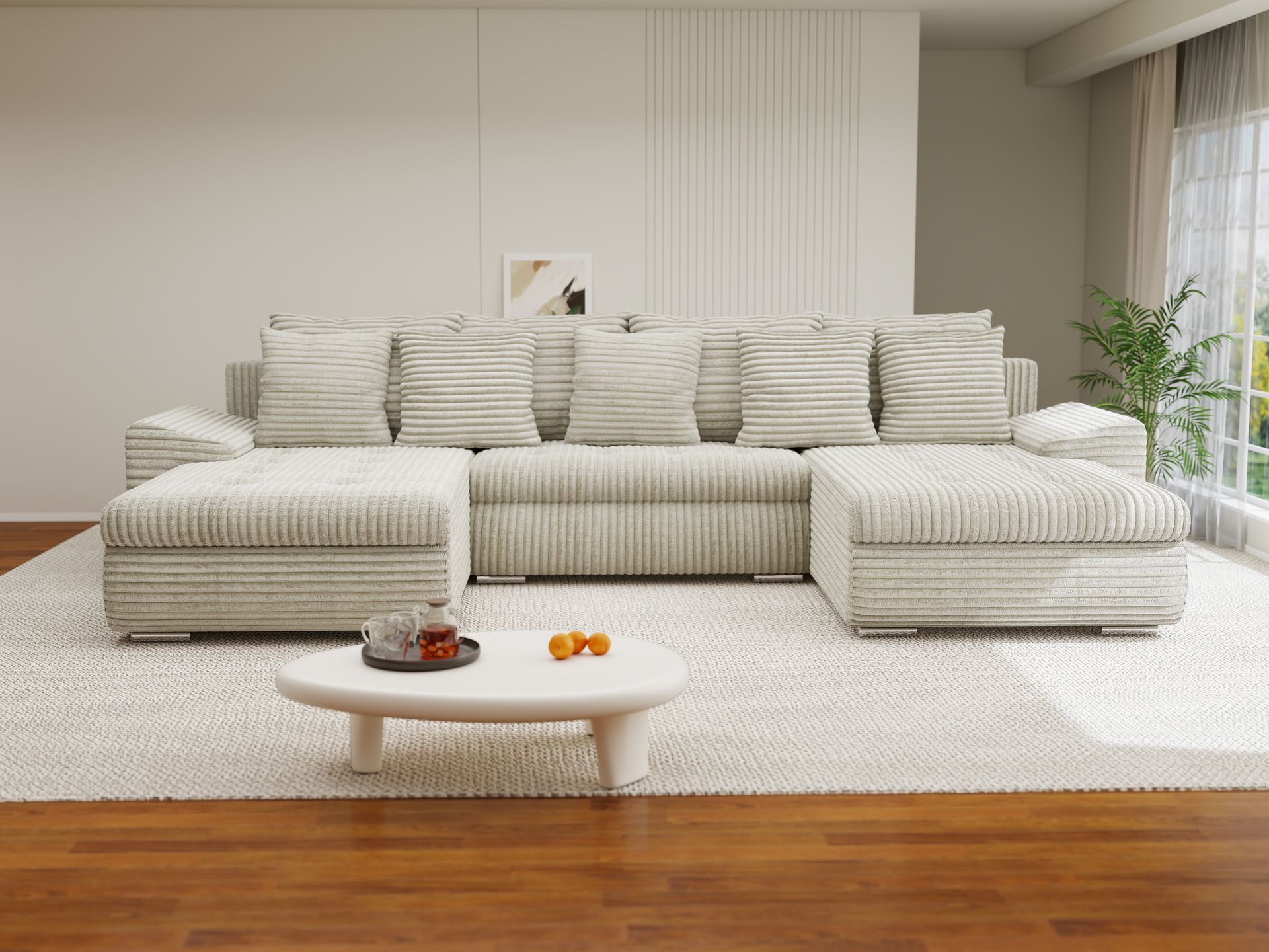 Colțar extensibil dumonde cu ladă de depozitare si sezut confortabil din spuma high-density, Leonardo U Tilia Bej 08 360x185 cm