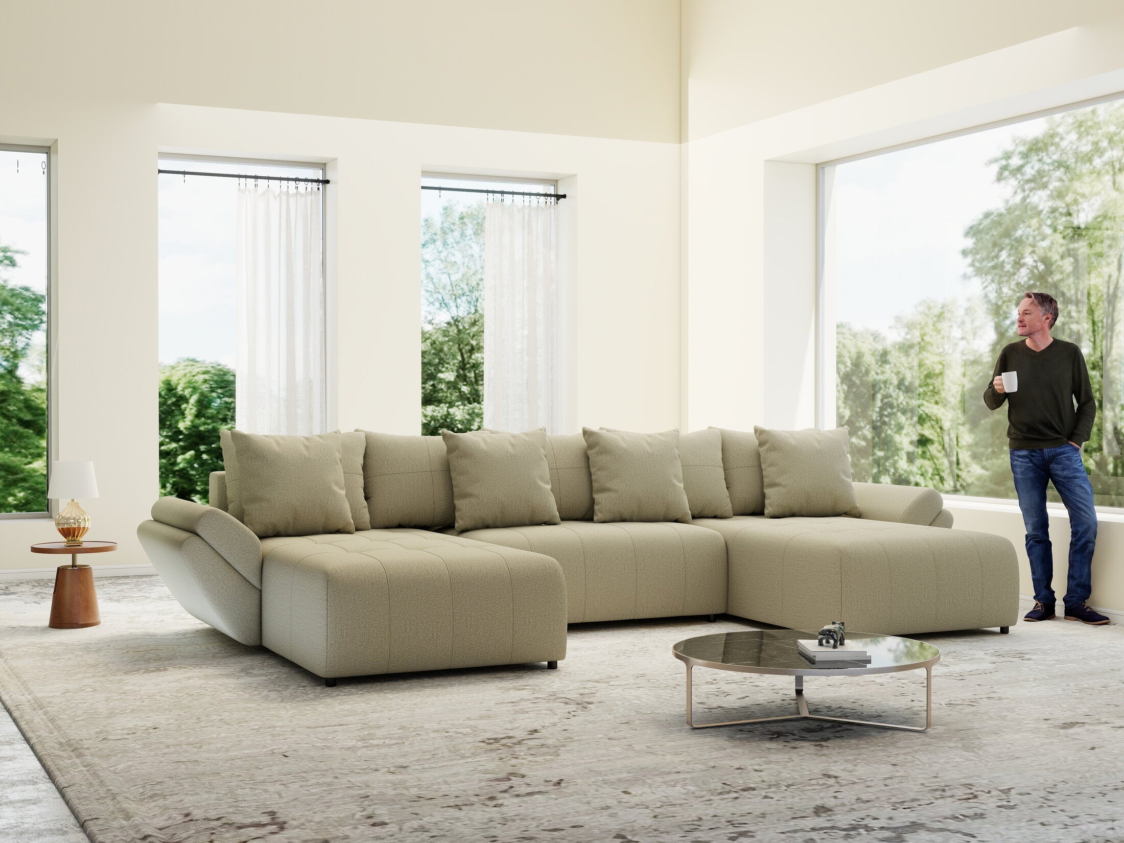 Colțar extensibil dumonde cu ladă de depozitare si sezut confortabil din spuma high-density, Berlin U Enjoy Camel 400x185 cm