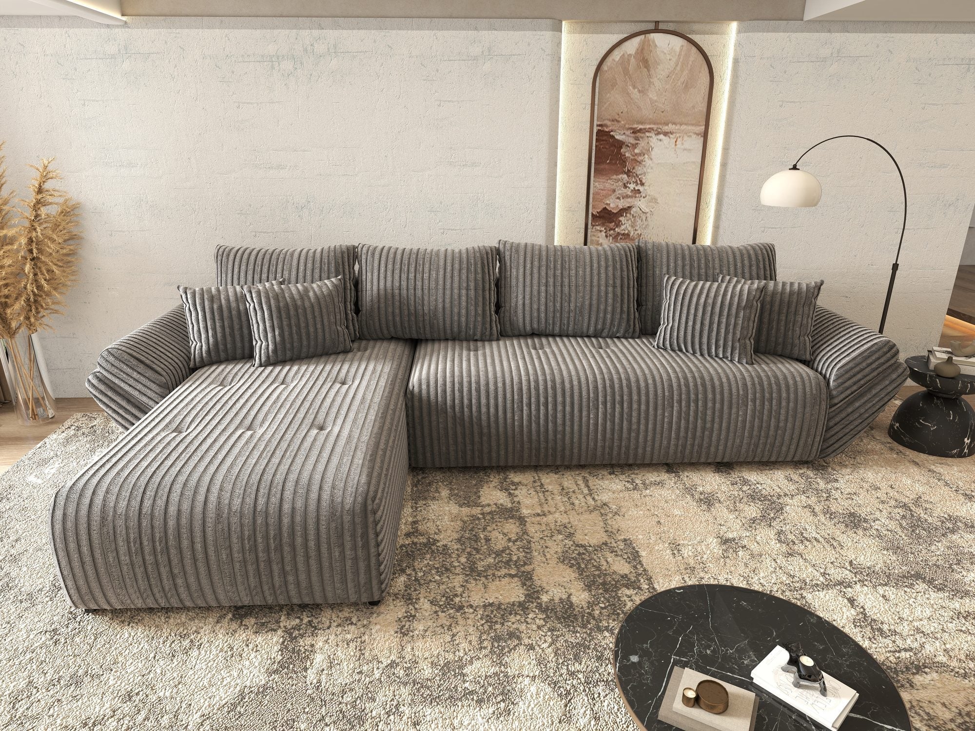 Colțar extensibil dumonde cu ladă de depozitare si sezut confortabil din spuma high-density, Berlin XL Tilia Gri 90 350x185 cm