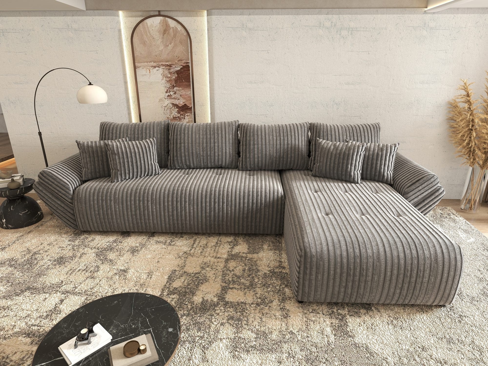 Colțar extensibil dumonde cu ladă de depozitare si sezut confortabil din spuma high-density, Berlin XL Tilia Gri 90 II 350x185 cm