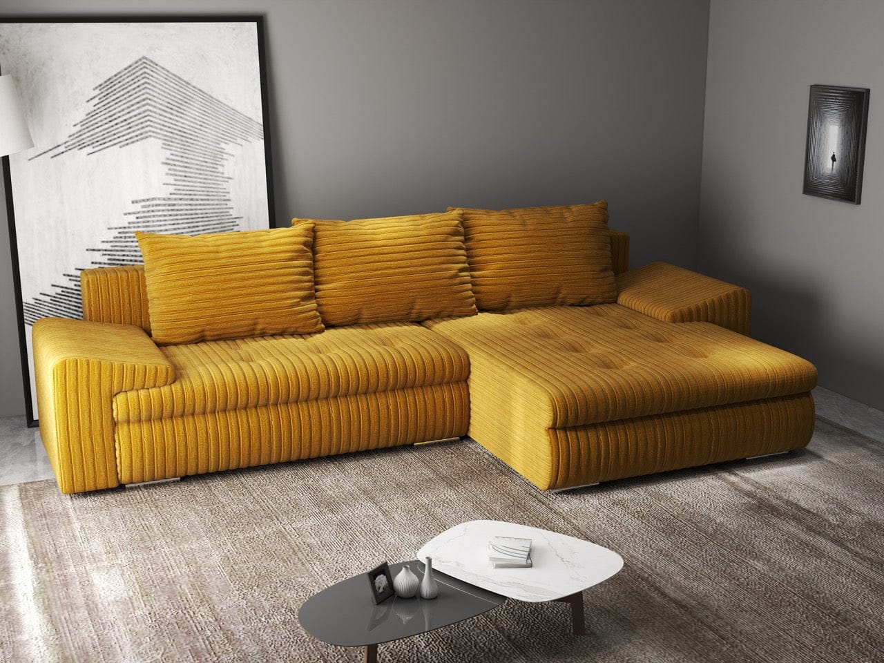 Colțar extensibil dumonde cu ladă de depozitare si sezut confortabil din spuma HR, Leonardo Ambience Mustar 260x185 cm II Fabrica