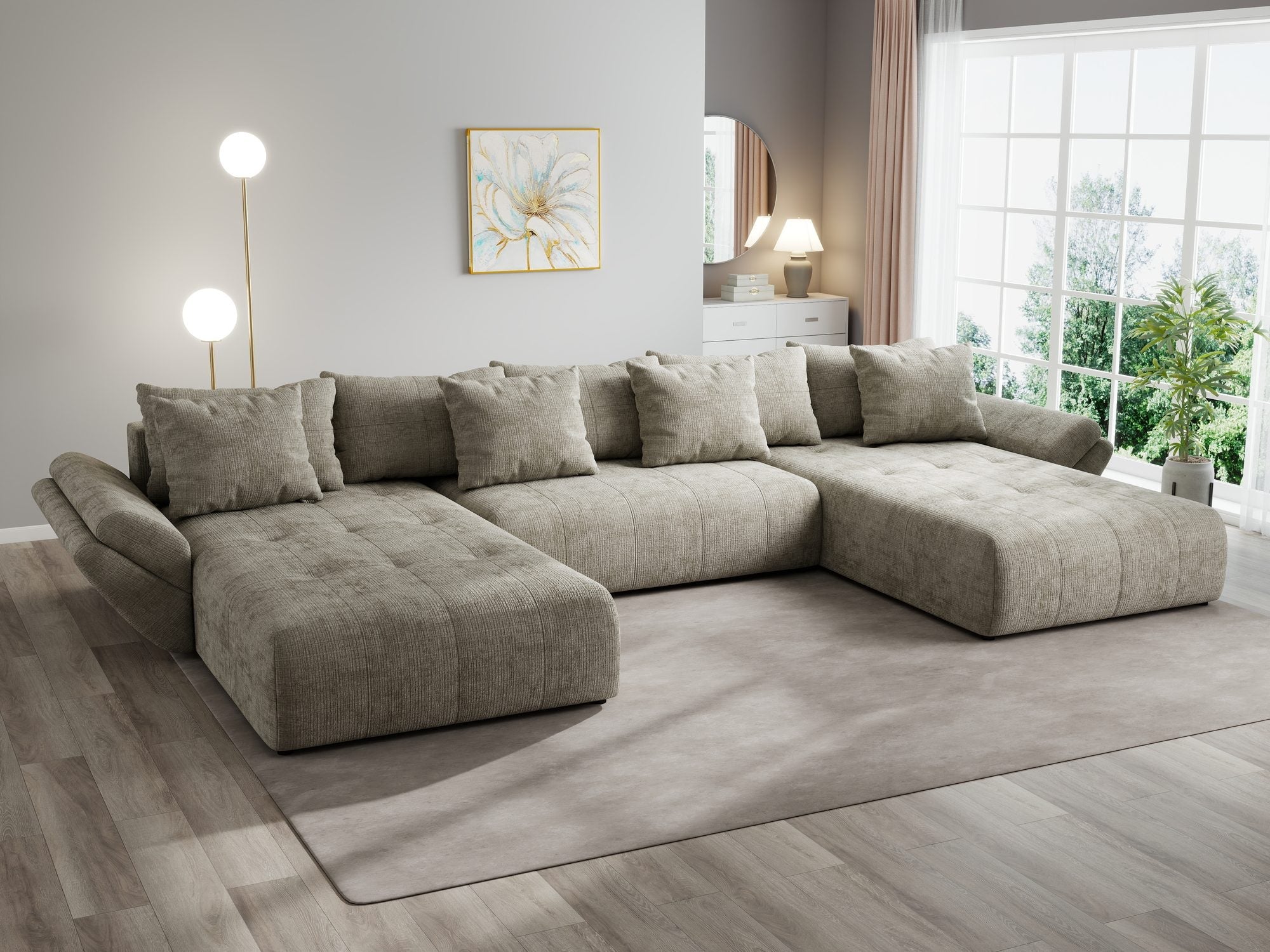 Colțar extensibil dumonde cu ladă de depozitare si sezut confortabil din spuma high-density, Berlin U Cremona Bej 14 380x180 cm