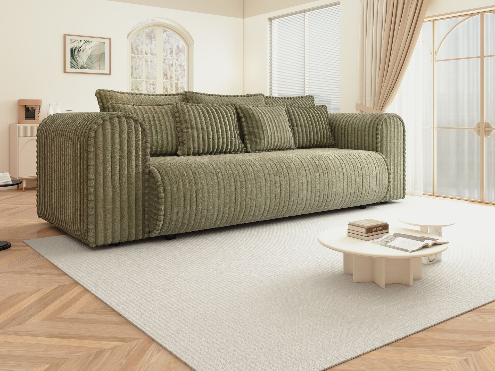 Canapea extensibilă dumonde cu ladă de depozitare si sezut confortabil din spuma high-density, Monaco Mica Tilia Olive 240x100 cm