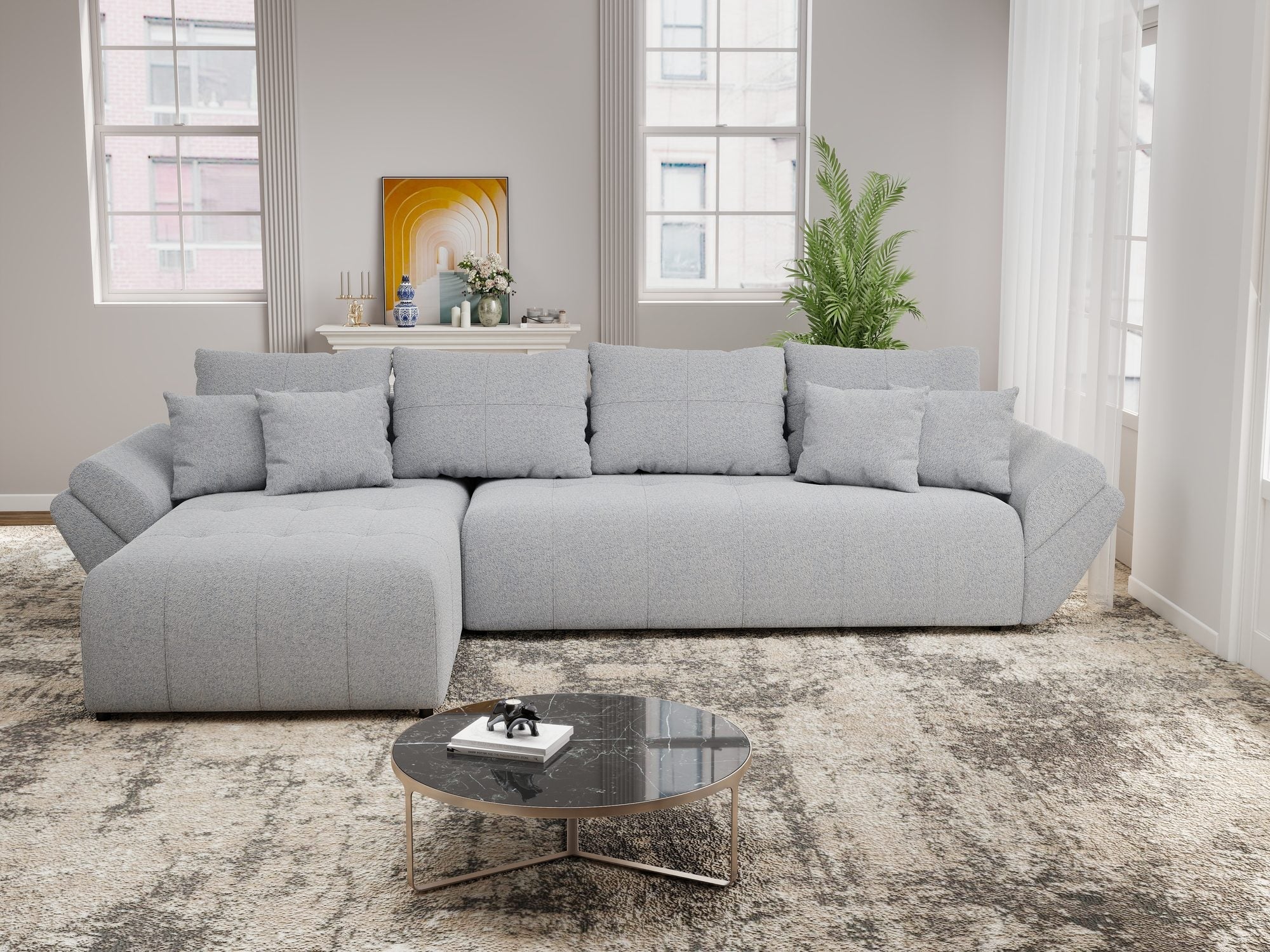 Colțar extensibil dumonde cu ladă de depozitare si sezut confortabil din spuma high-density, Berlin XL Monte Gri 84 350x185 cm