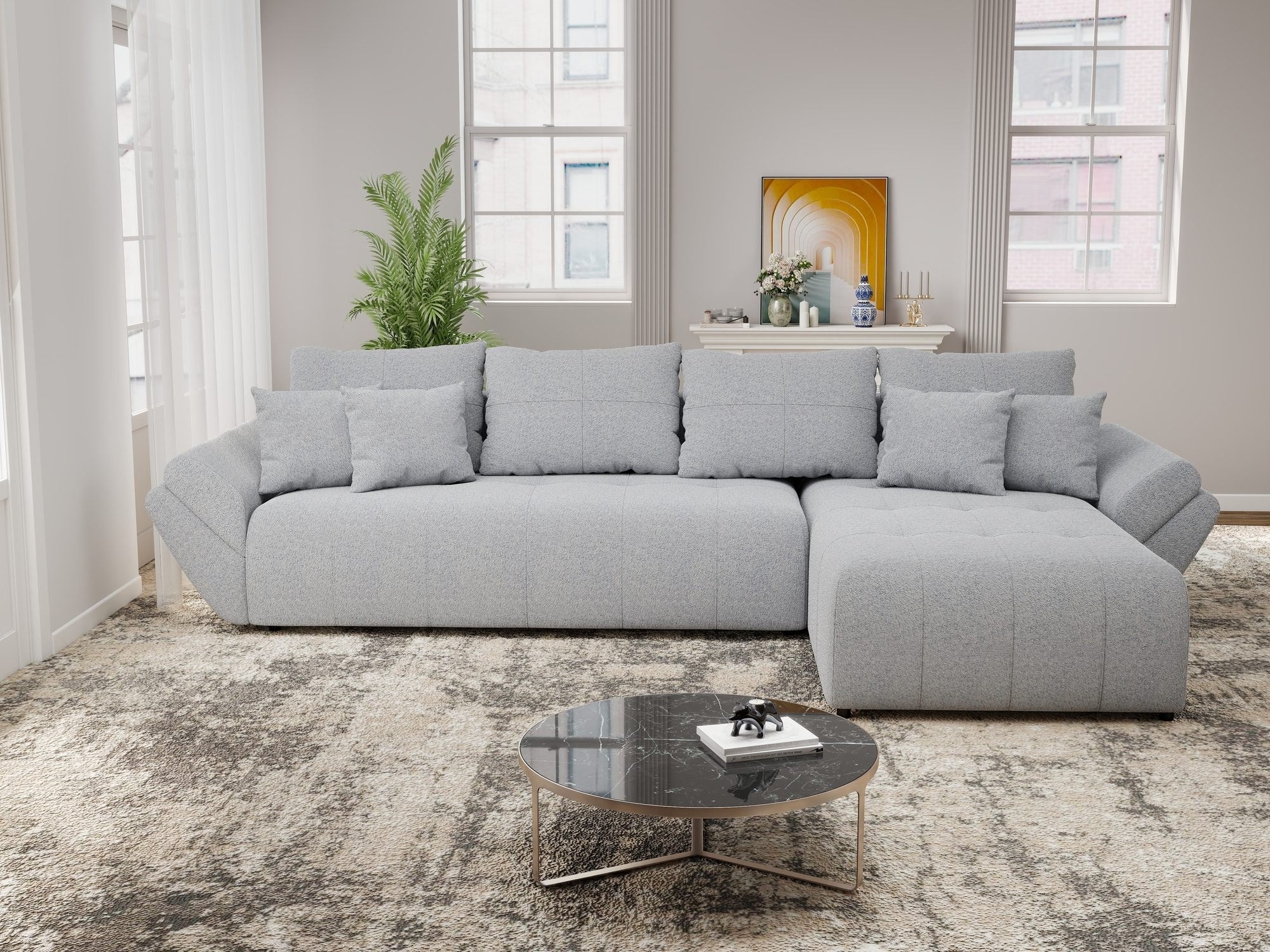 Colțar extensibil dumonde cu ladă de depozitare si sezut confortabil din spuma high-density, Berlin XL Monte Gri 84 II 350x185 cm