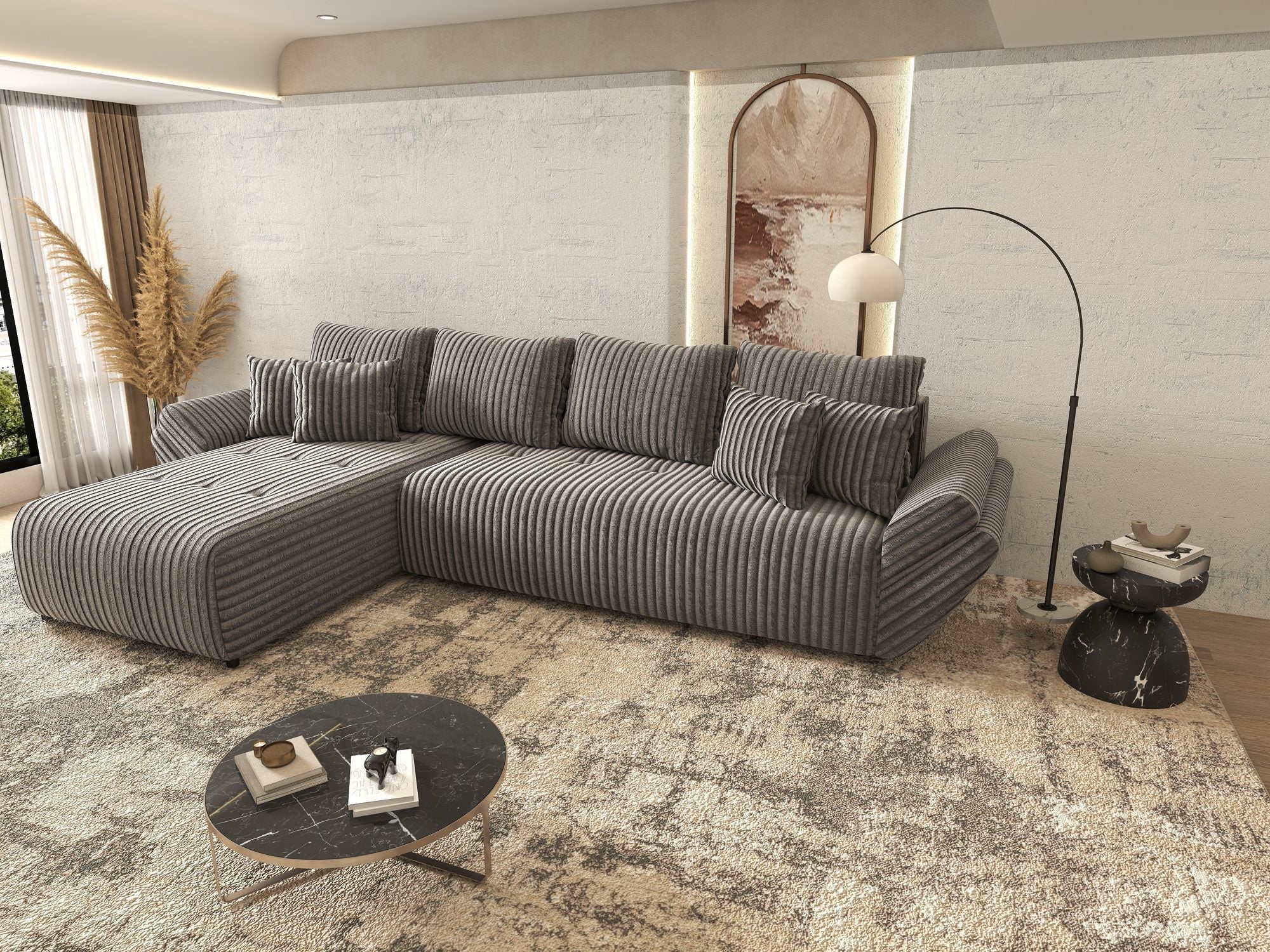 Colțar extensibil dumonde cu ladă de depozitare si sezut confortabil din spuma high-density, Berlin XL Tilia Gri 90 350x185 cm