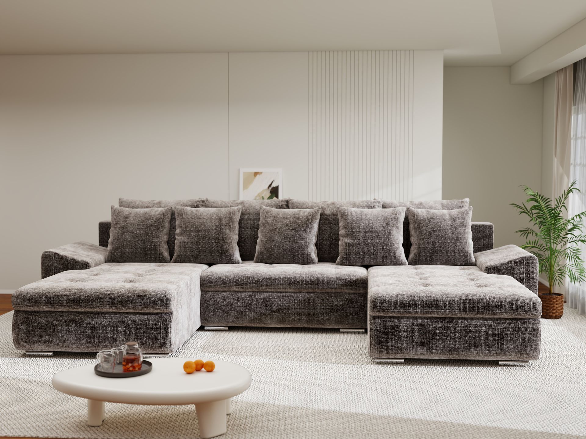 Colțar extensibil dumonde cu ladă de depozitare si sezut confortabil din spuma high-density, Leonardo U Cremona Maro-Bej 24 360x185 cm