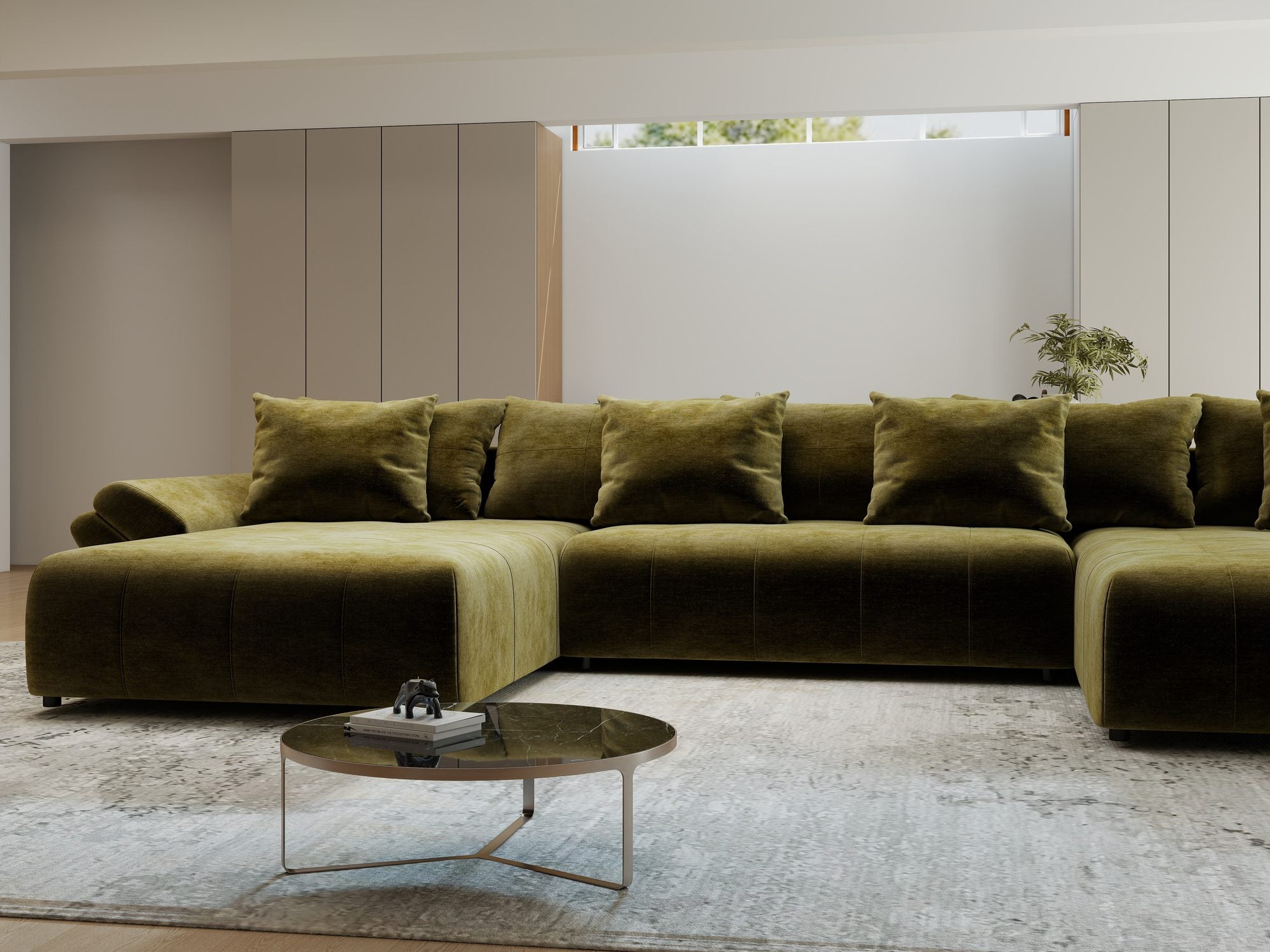 Colțar extensibil dumonde cu ladă de depozitare si sezut confortabil din spuma high-density, Berlin U Monolith Verde Olive 38 380x180 cm