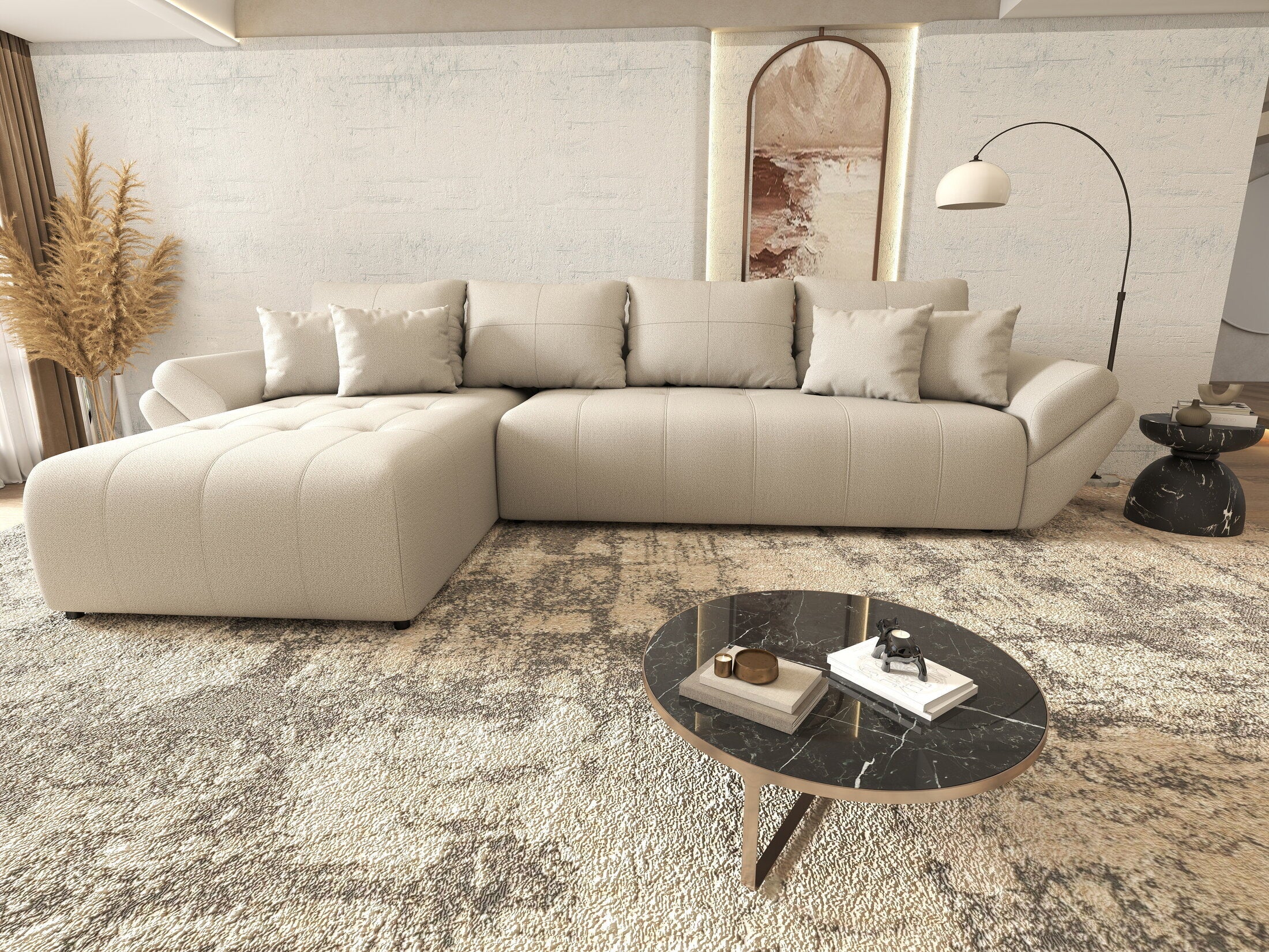 Colțar extensibil dumonde cu ladă de depozitare si sezut confortabil din spuma high-density, Berlin XL Enjoy Beige 350x185 cm