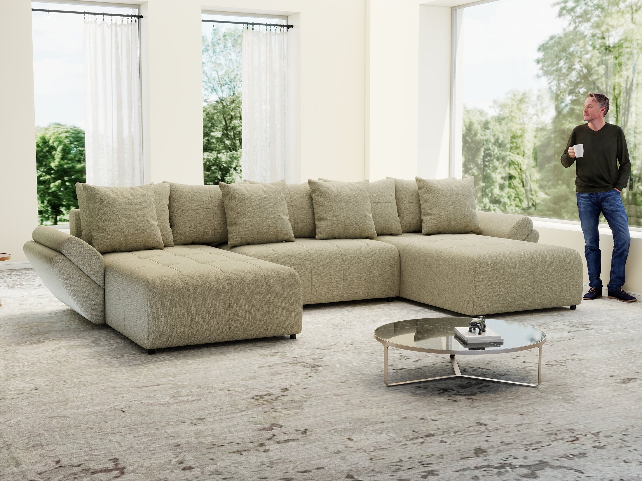 Colțar extensibil dumonde cu ladă de depozitare si sezut confortabil din spuma high-density, Berlin U Enjoy Camel 400x185 cm