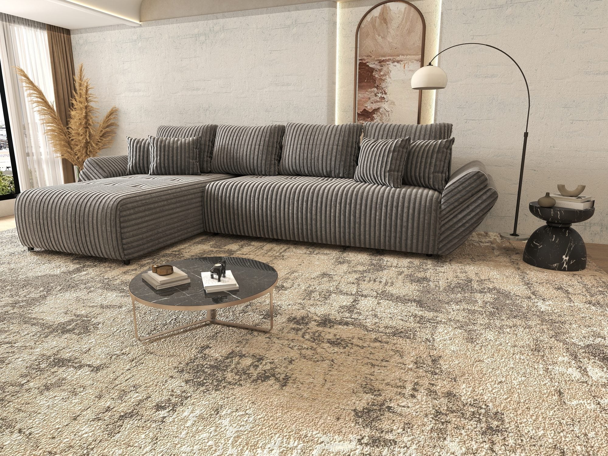 Colțar extensibil dumonde cu ladă de depozitare si sezut confortabil din spuma high-density, Berlin XL Tilia Gri 90 350x185 cm