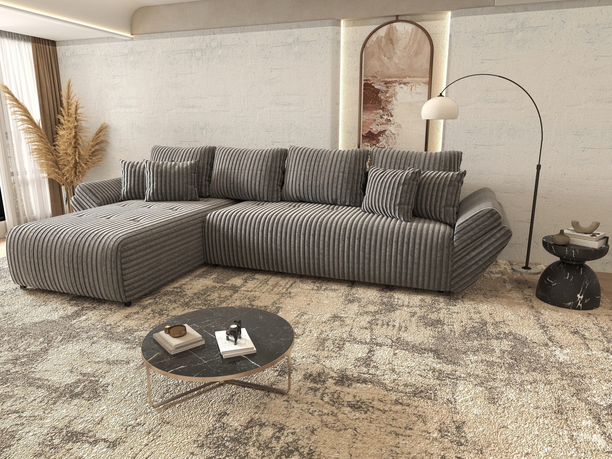 Colțar extensibil dumonde cu ladă de depozitare si sezut confortabil din spuma high-density, Berlin XL Tilia Gri 90 350x185 cm