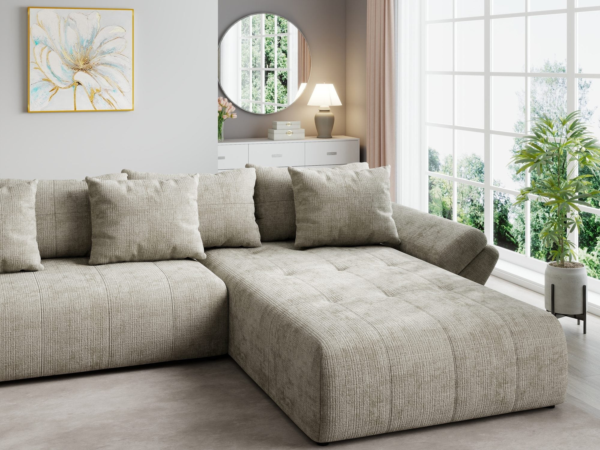Colțar extensibil dumonde cu ladă de depozitare si sezut confortabil din spuma high-density, Berlin U Cremona Bej 14 380x180 cm