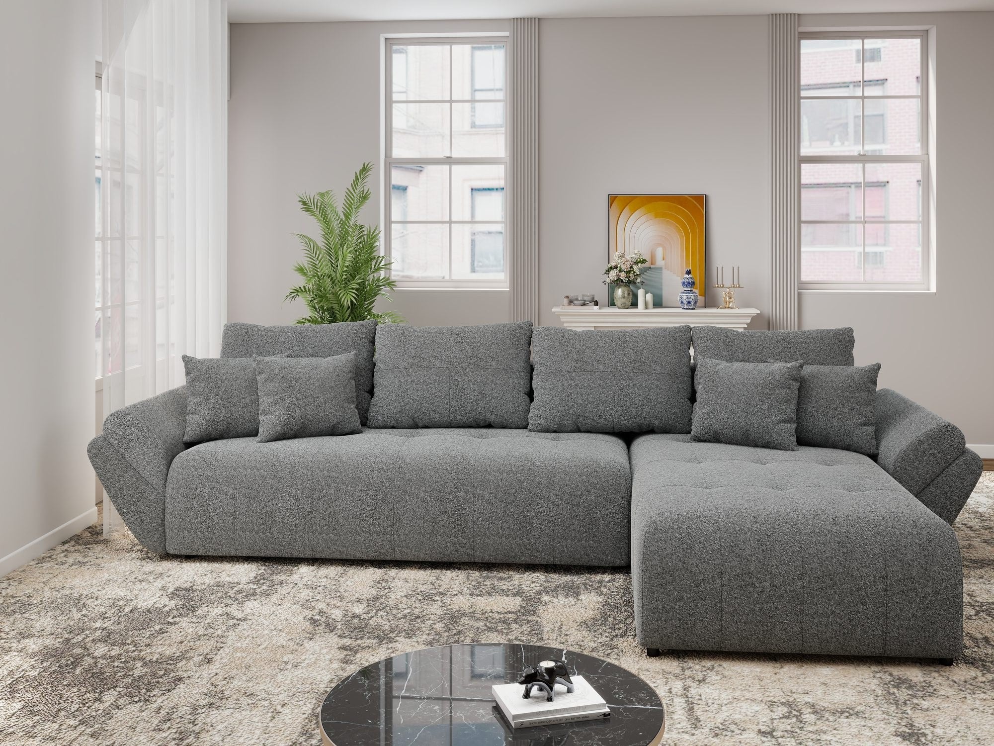 Colțar extensibil dumonde cu ladă de depozitare si sezut confortabil din spuma high-density, Berlin XL Monte Gri 90 II 350x185 cm