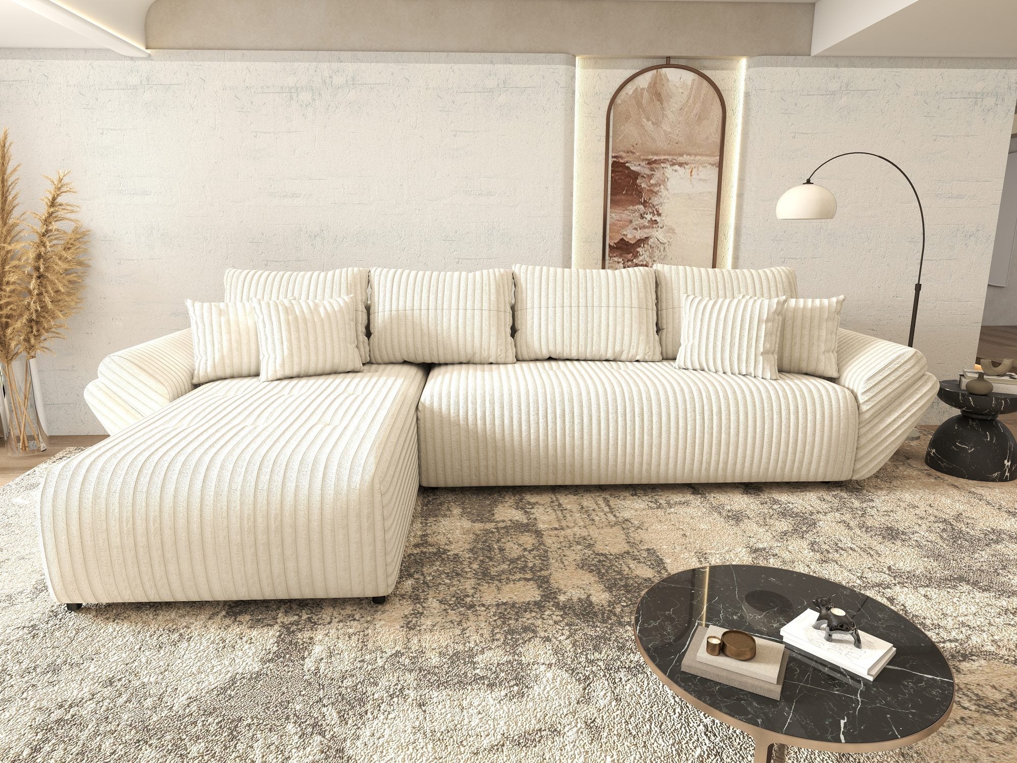 Colțar extensibil dumonde cu ladă de depozitare si sezut confortabil din spuma high-density, Berlin XL Tilia Bej 01 350x185 cm