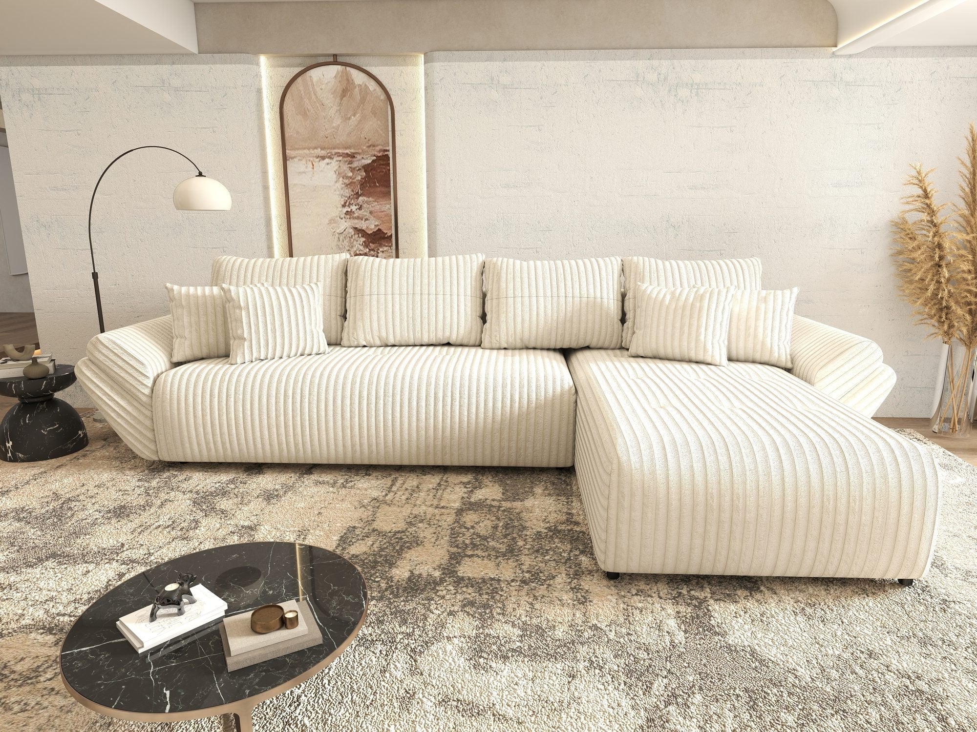 Colțar extensibil dumonde cu ladă de depozitare si sezut confortabil din spuma high-density, Berlin XL Tilia Bej 01 II 350x185 cm