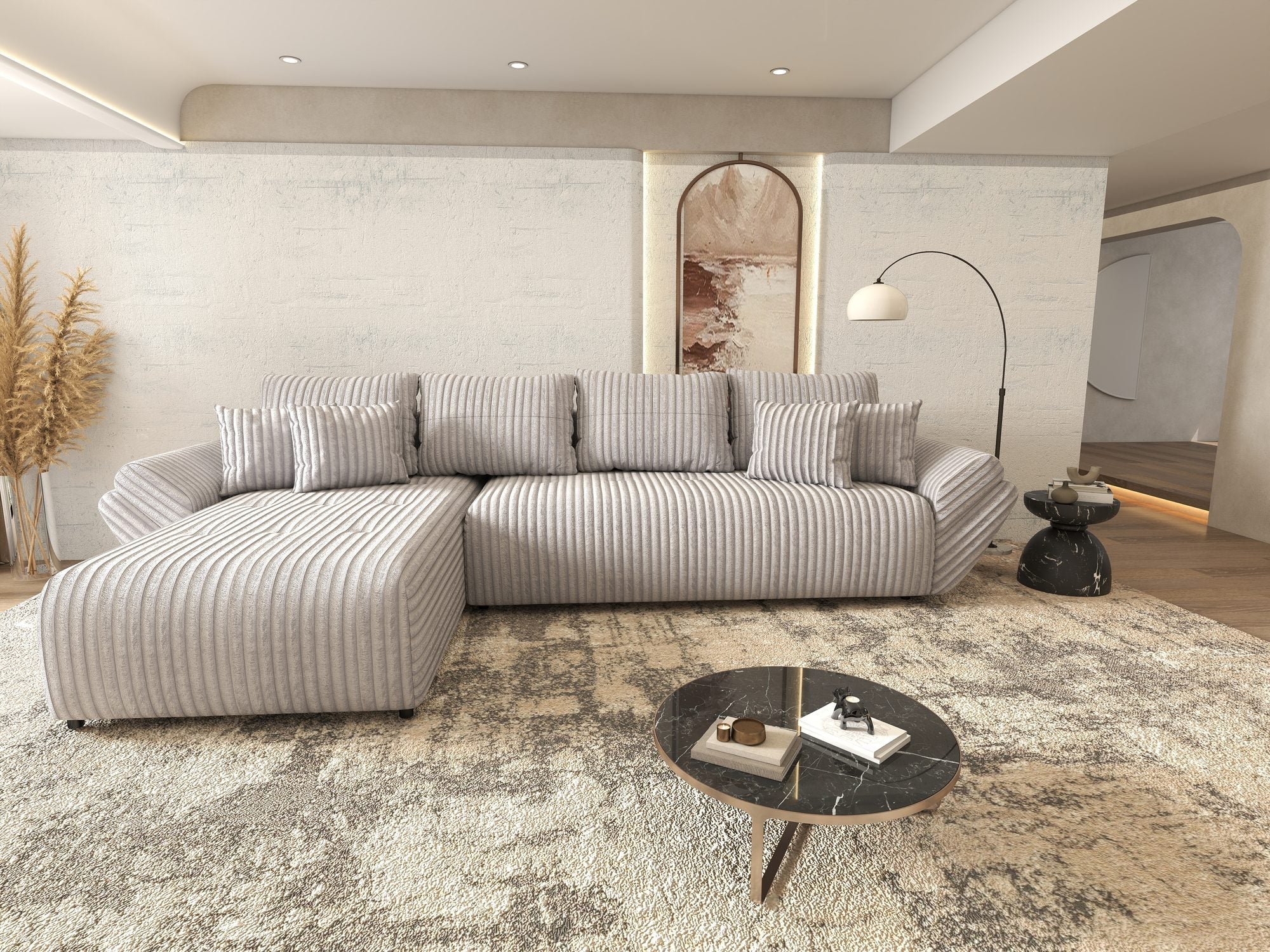 Colțar extensibil dumonde cu ladă de depozitare si sezut confortabil din spuma high-density, Berlin XL Tilia Gri 86 350x185 cm