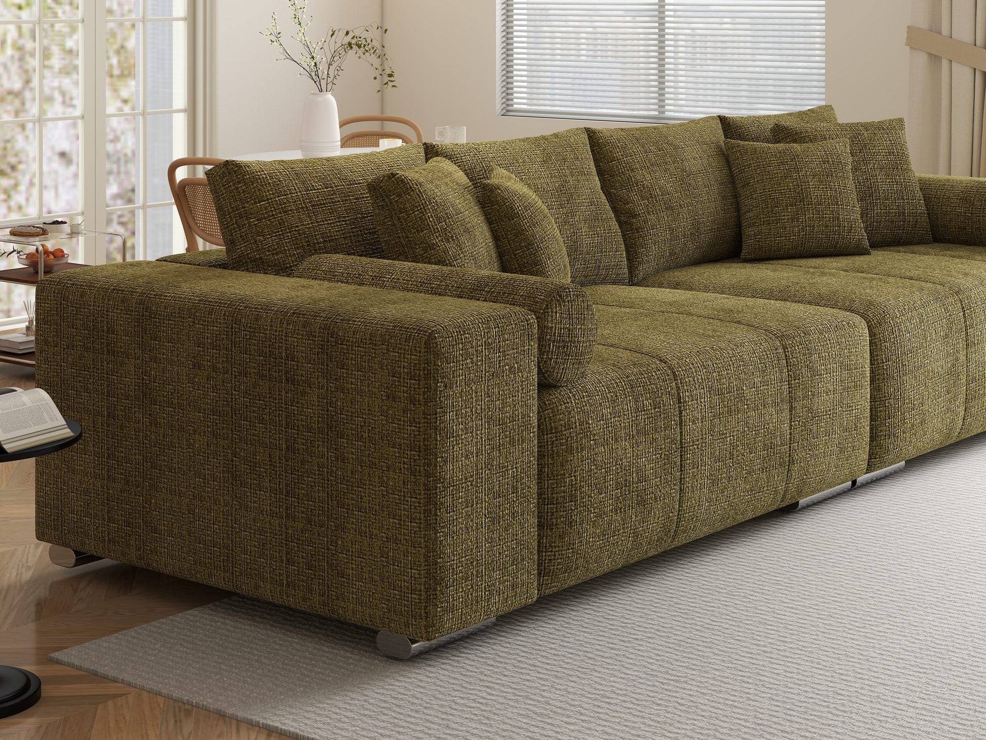 Canapea extensibilă dumonde cu ladă de depozitare si sezut confortabil din spuma high-density, Marbela XXL Cremona Olive 38 290x100 cm